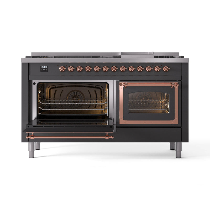 ILVE 60-Inch Nostalgie II Noblesse Dual Fuel Range with 9 Sealed Burners, Griddle, Triple Glass Door Oven in Matte Graphite with Copper Trim (UN60FNMPMGP)