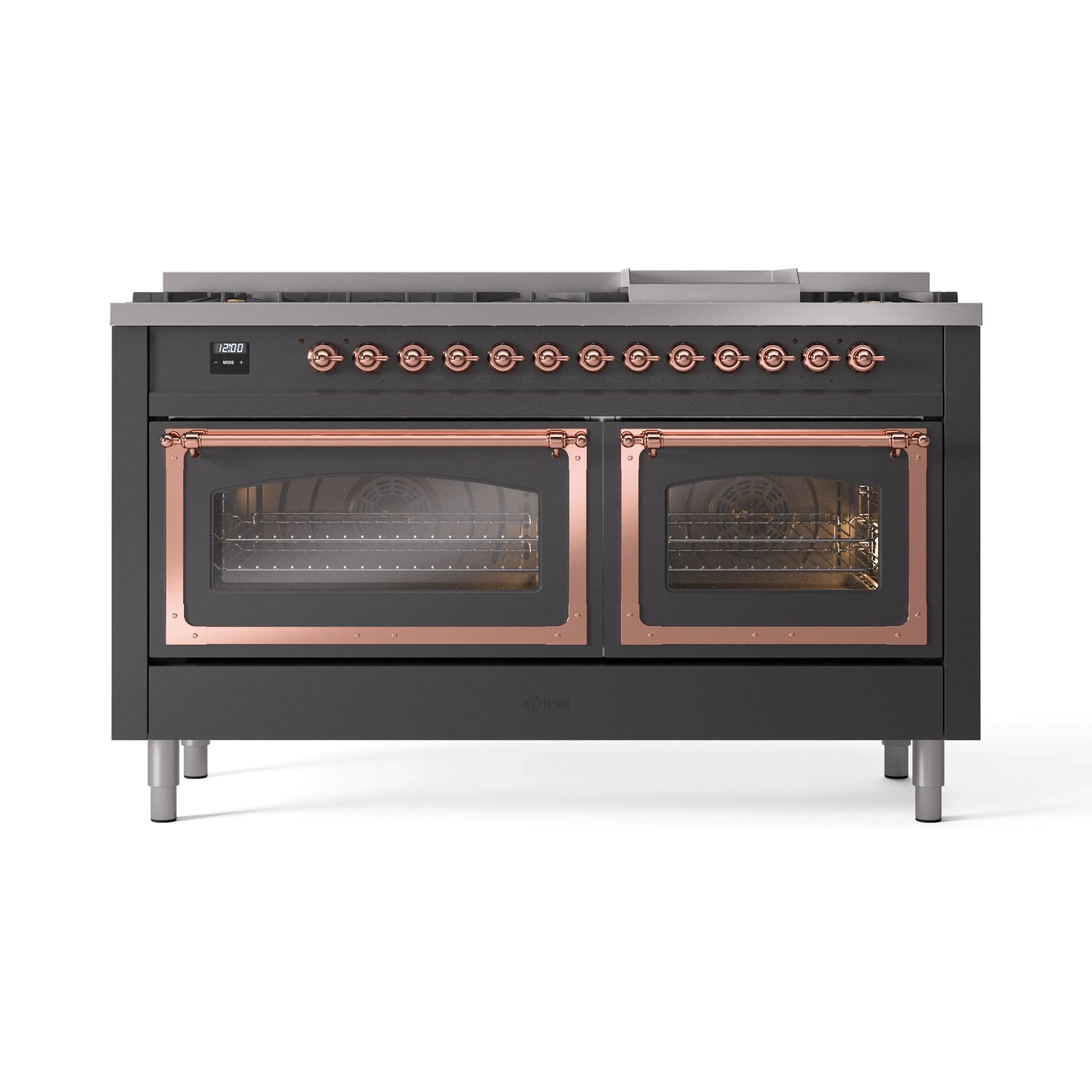 ILVE dual fuel range with matte graphite finish and copper-trimmed oven doors