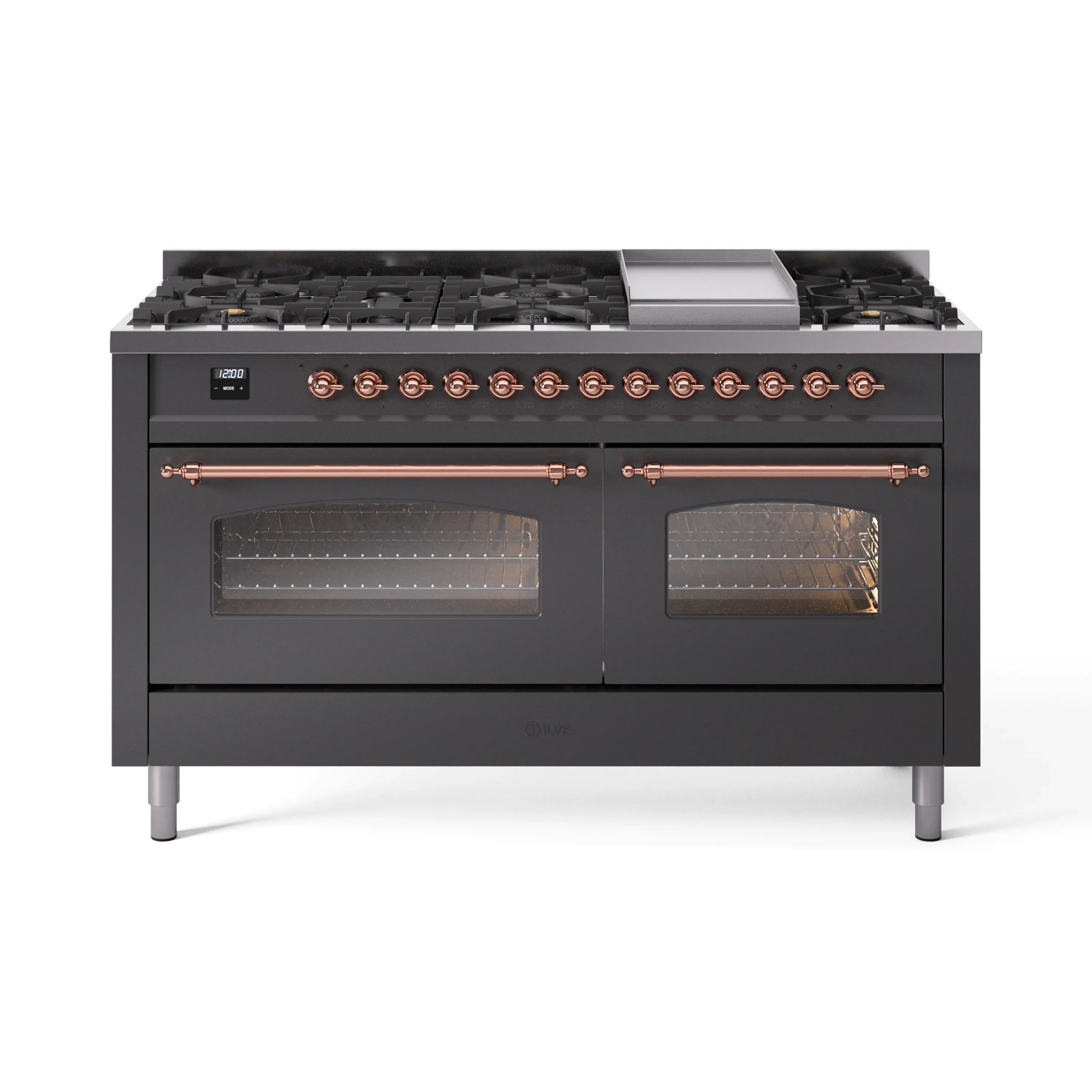 Matte graphite dual fuel range with copper trim, 9 burners, griddle, and two oven windows.