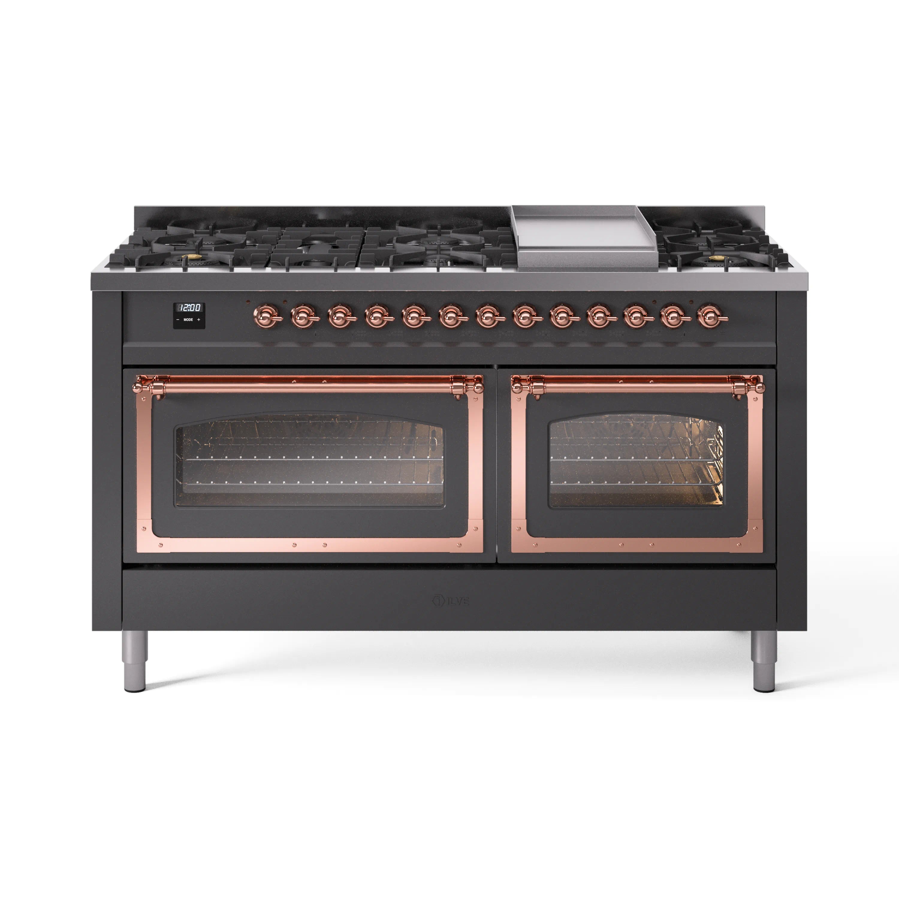 ILVE dual fuel range with matte graphite finish, copper trim, and dual ovens closed