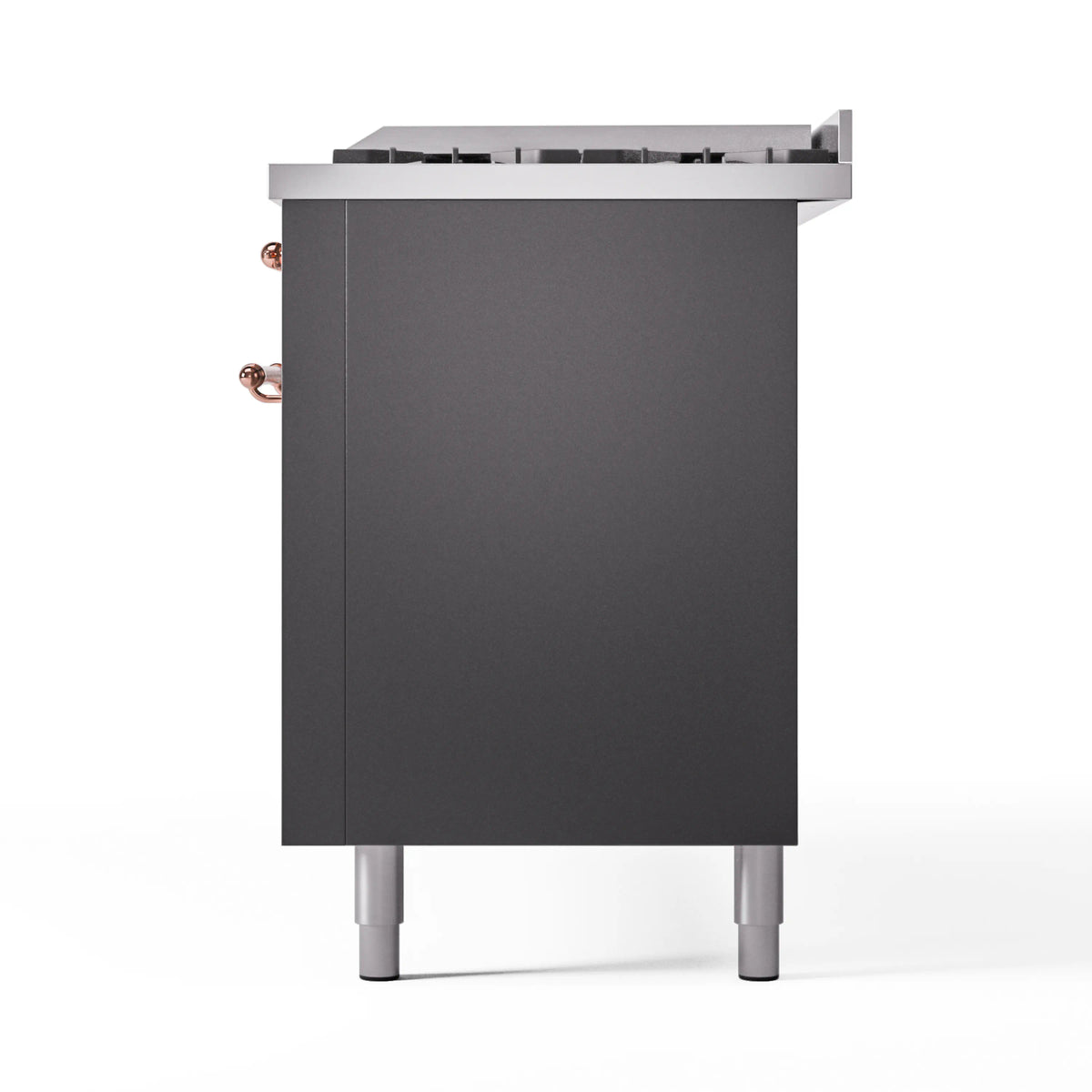 Matte graphite range back panel with copper trim and top burner grates