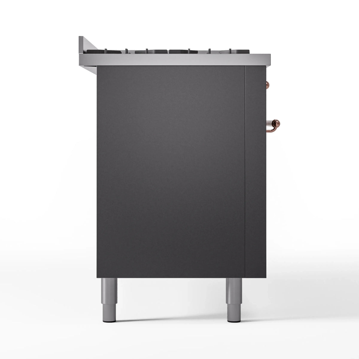 Rear side view of matte graphite dual fuel range with copper trim and adjustable leveling feet.