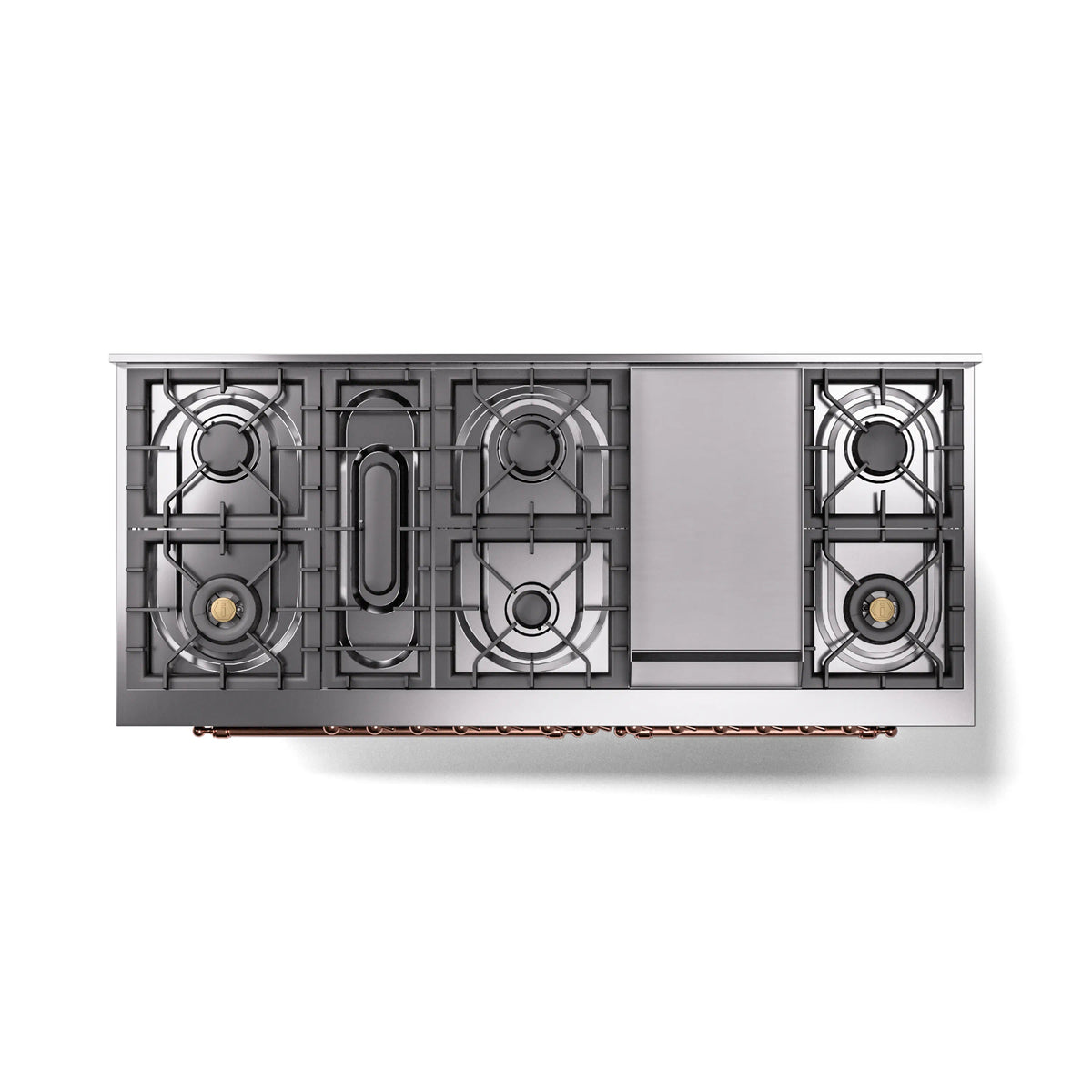 Underside view of dual-fuel gas range cooktop with burner grates and open control cavity