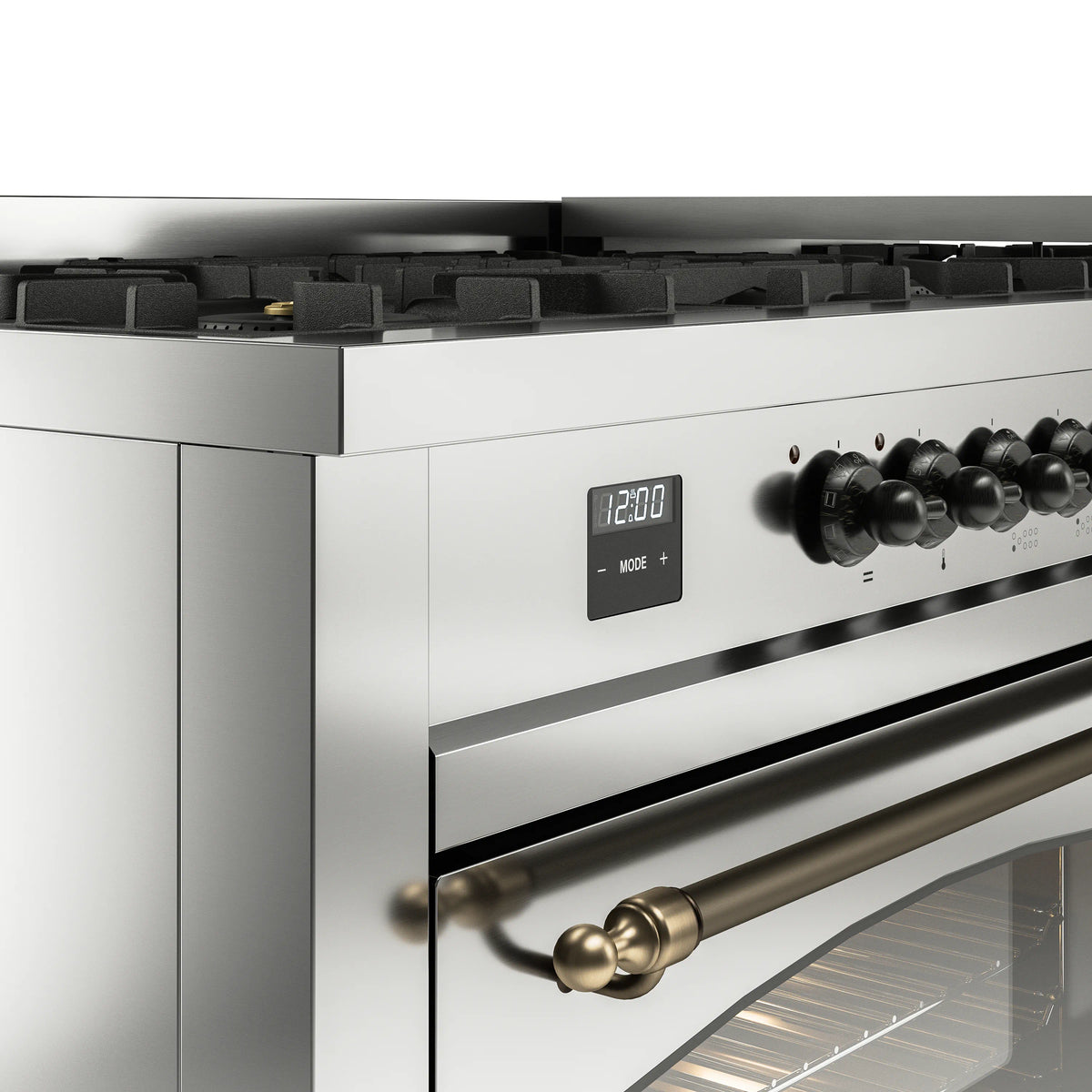 Stainless steel control panel with black knobs, digital display, and bronze handle detail