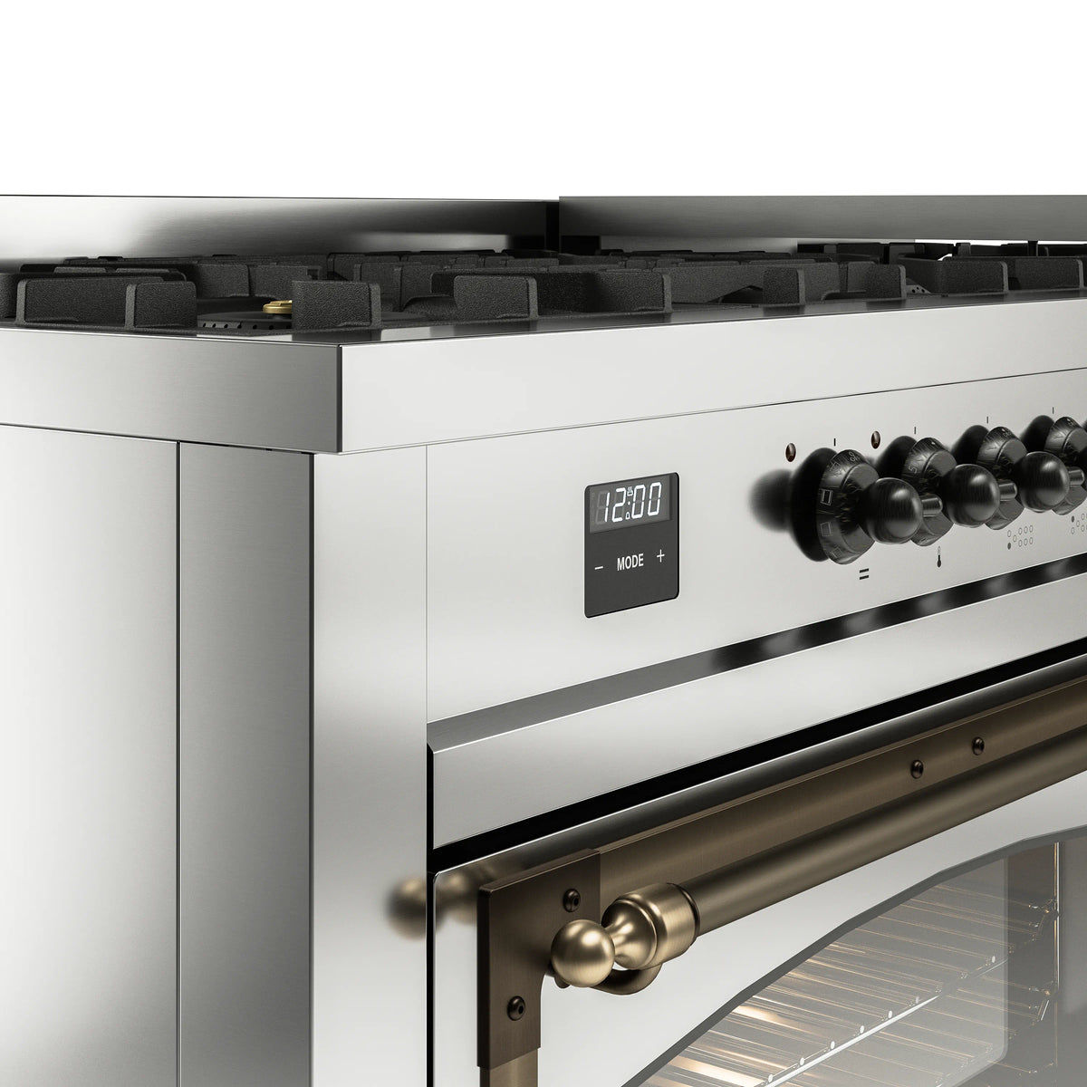 ILVE dual fuel range control panel with bronze knob set and digital display for settings