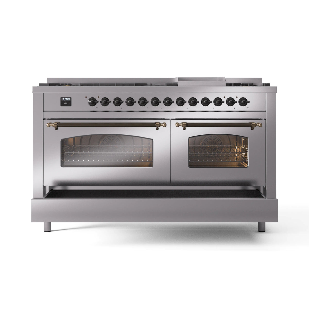 Stainless steel dual-fuel range with two oven doors, windows, and control knobs