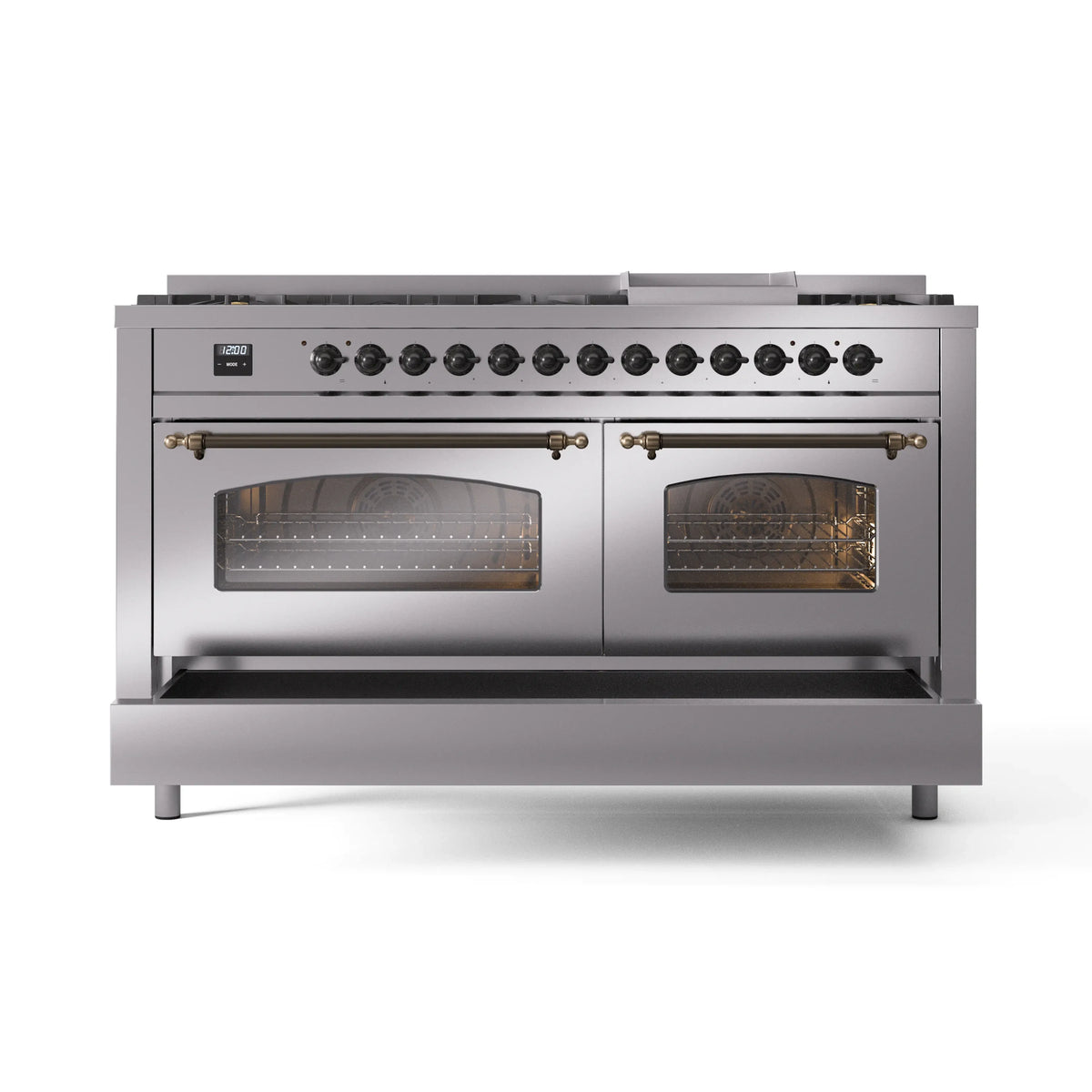 Dual-fuel gas range with two closed glass doors and bronze-trimmed horizontal door handles