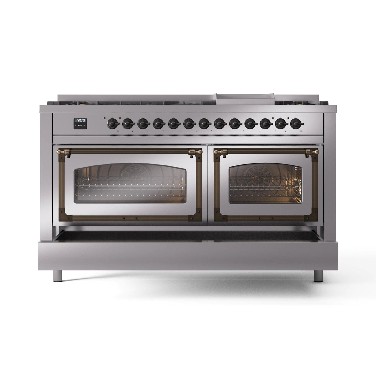 Stainless steel dual fuel range with two ovens and bronze-trim oven doors