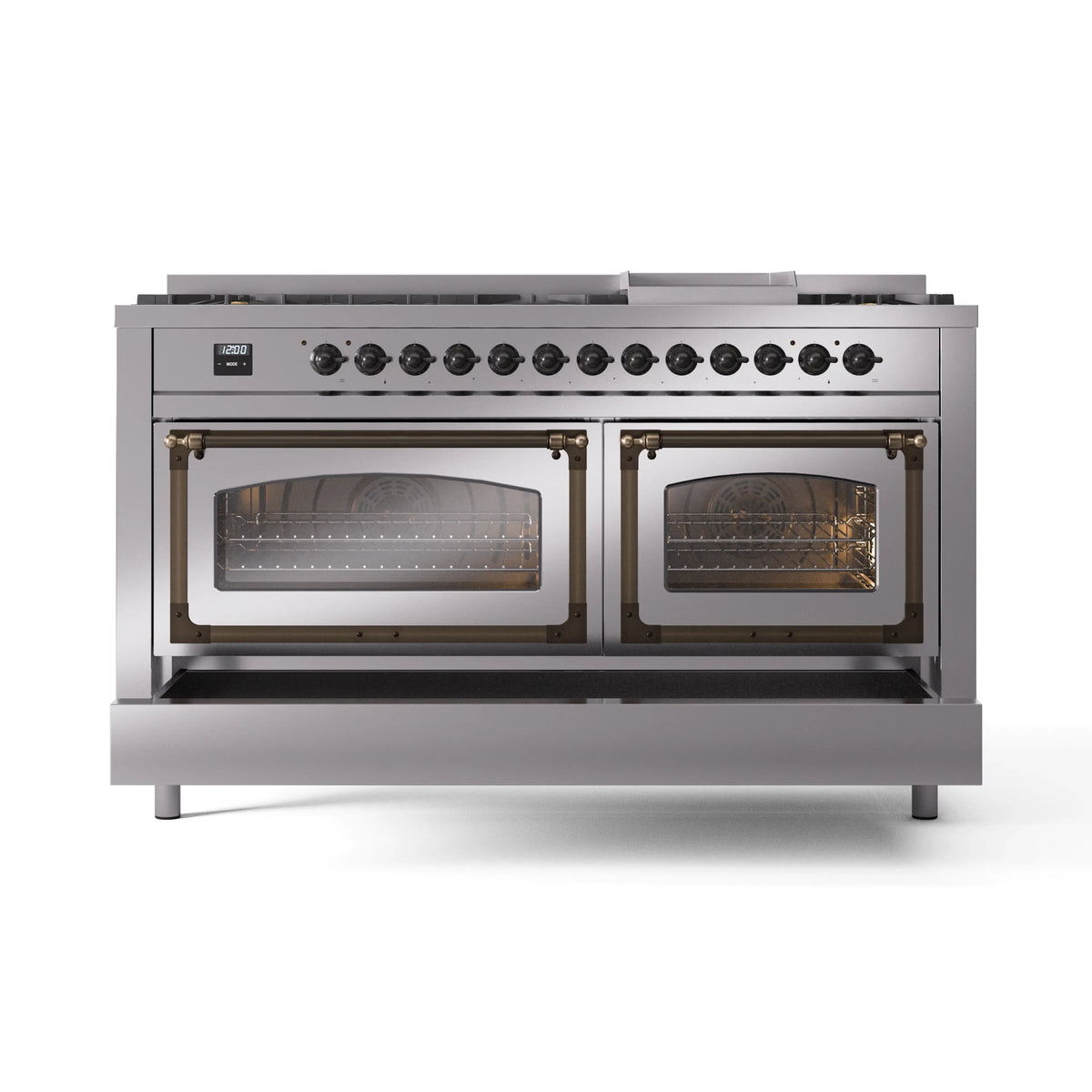 ILVE 60-inch dual fuel range with stainless body and bronze-trim double oven doors