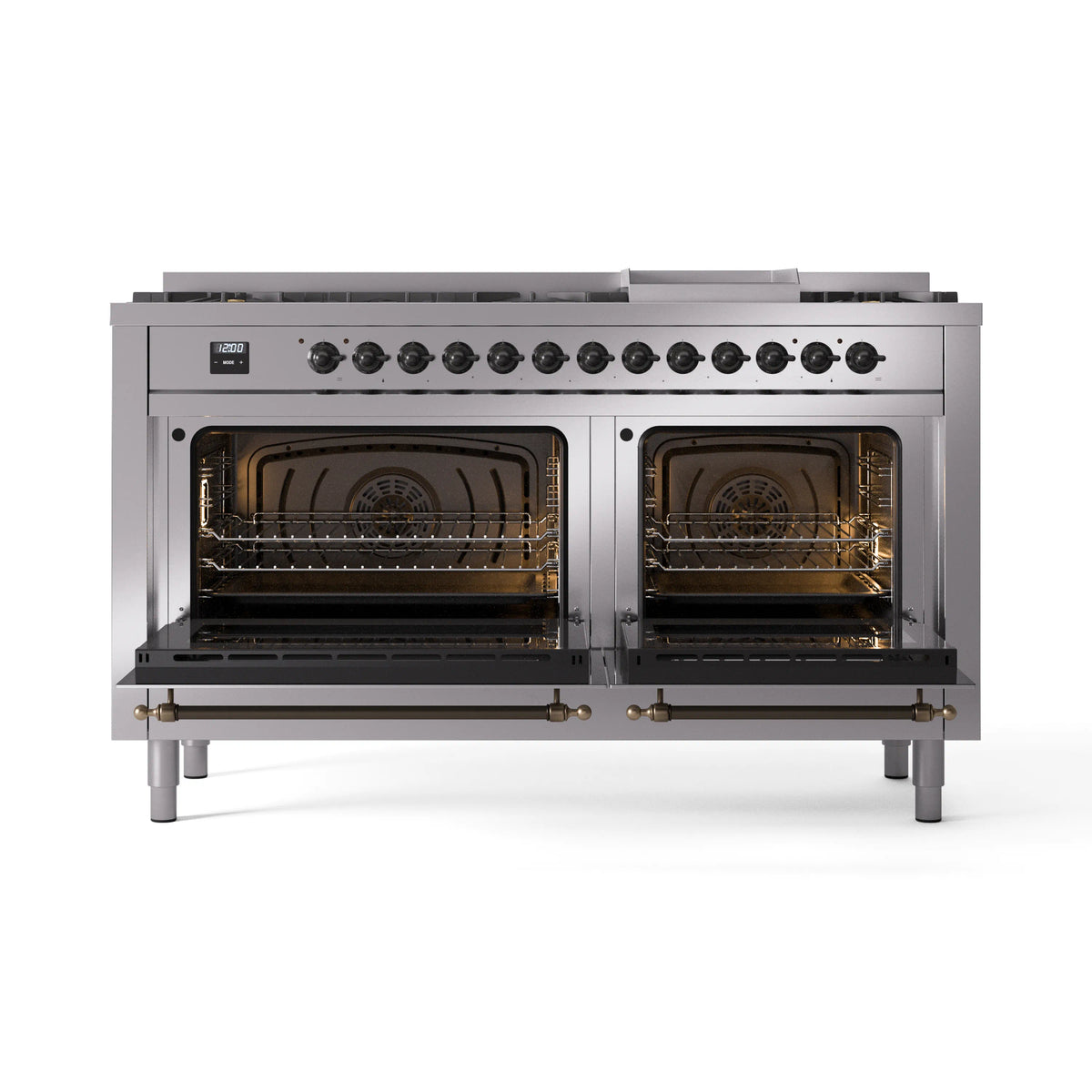 Dual-fuel gas range with both oven doors open, revealing racks and lit burner interiors