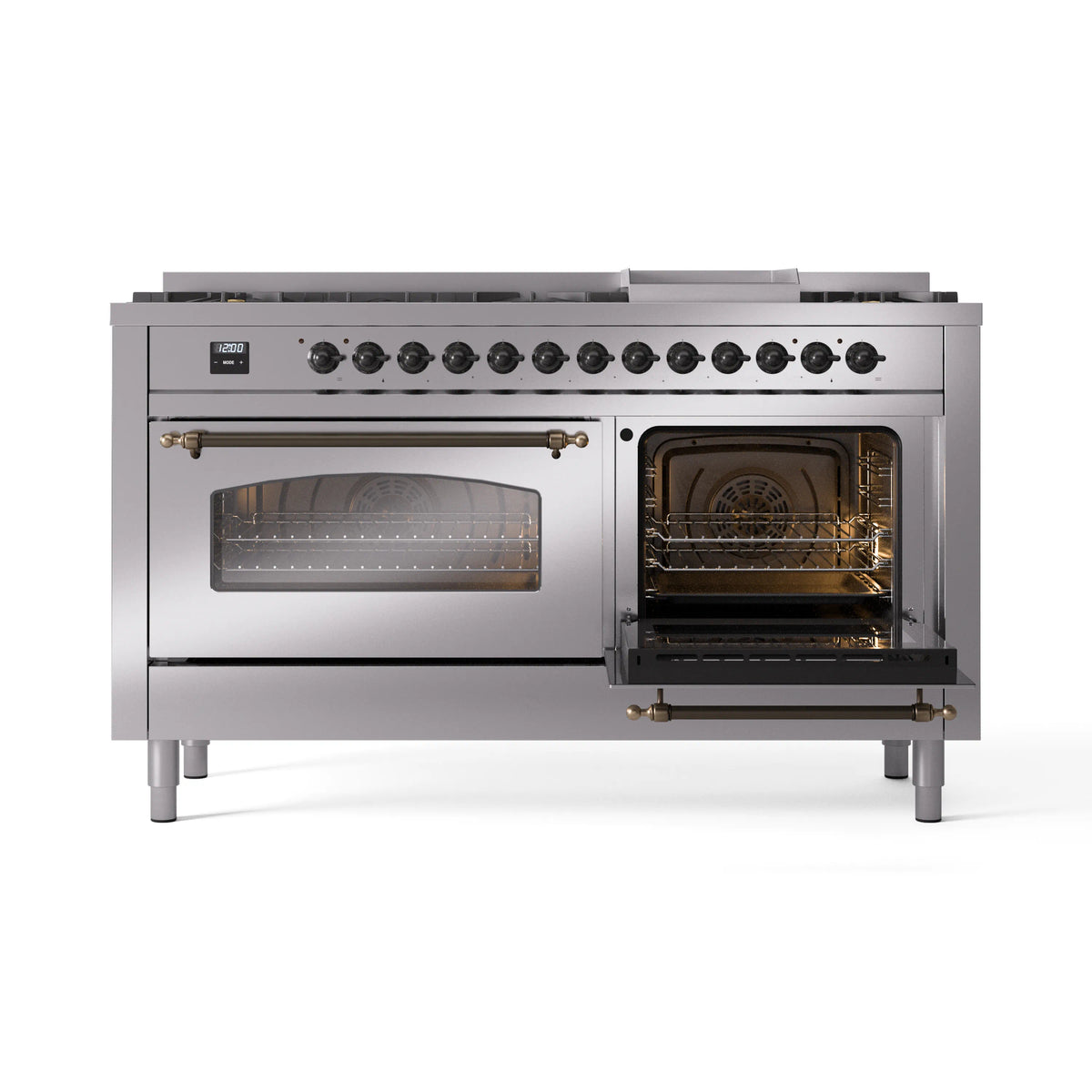Dual-fuel gas range with both ovens open, showing racks and interior burner grates