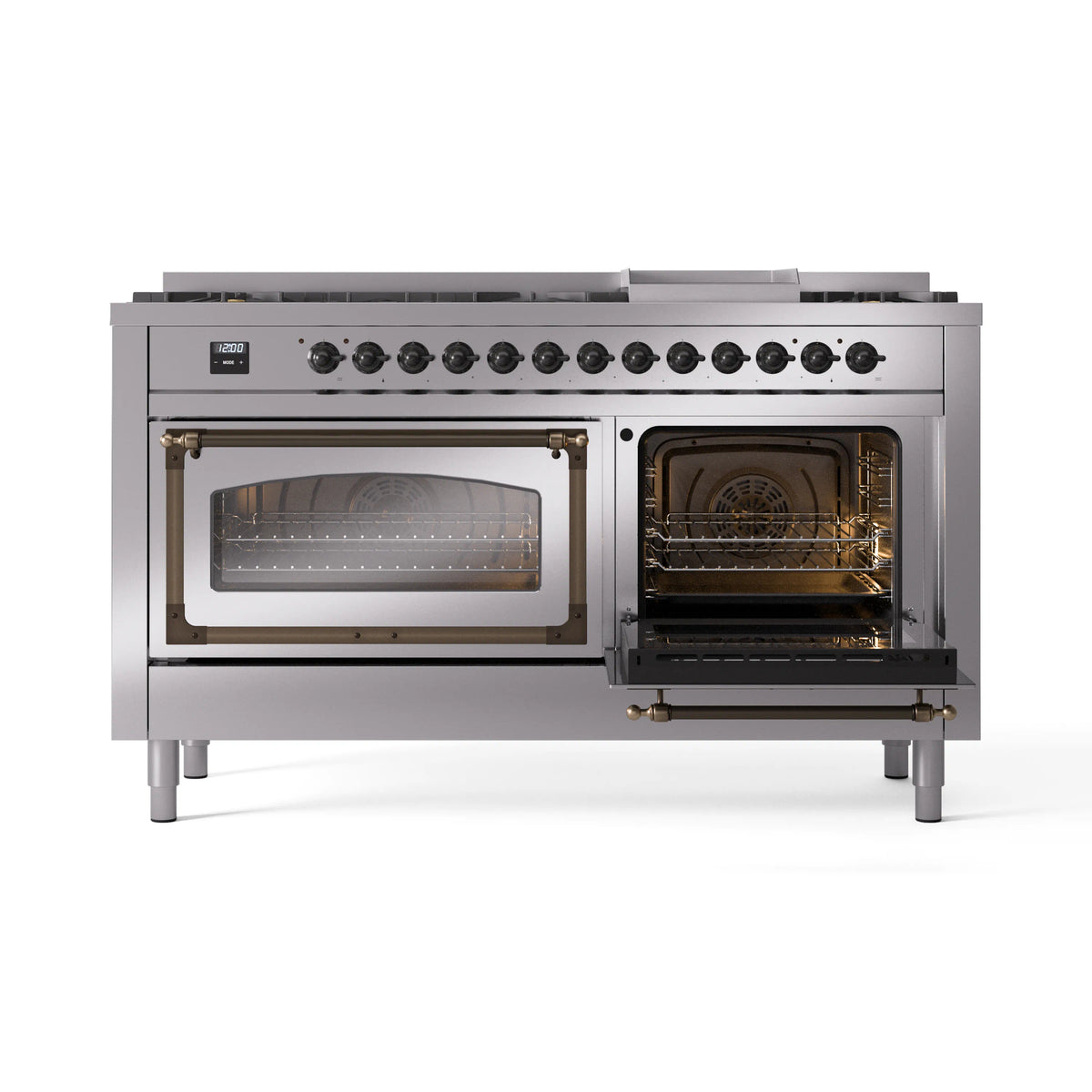Stainless steel range with one oven door open showing interior racks and heating