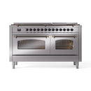 ILVE 60-Inch Nostalgie II Natural Gas Dual Fuel Range with 9 Burners, Griddle and Triple Glass Door Oven in Stainless Steel with Bronze Trim (UP60FNMPSSB)