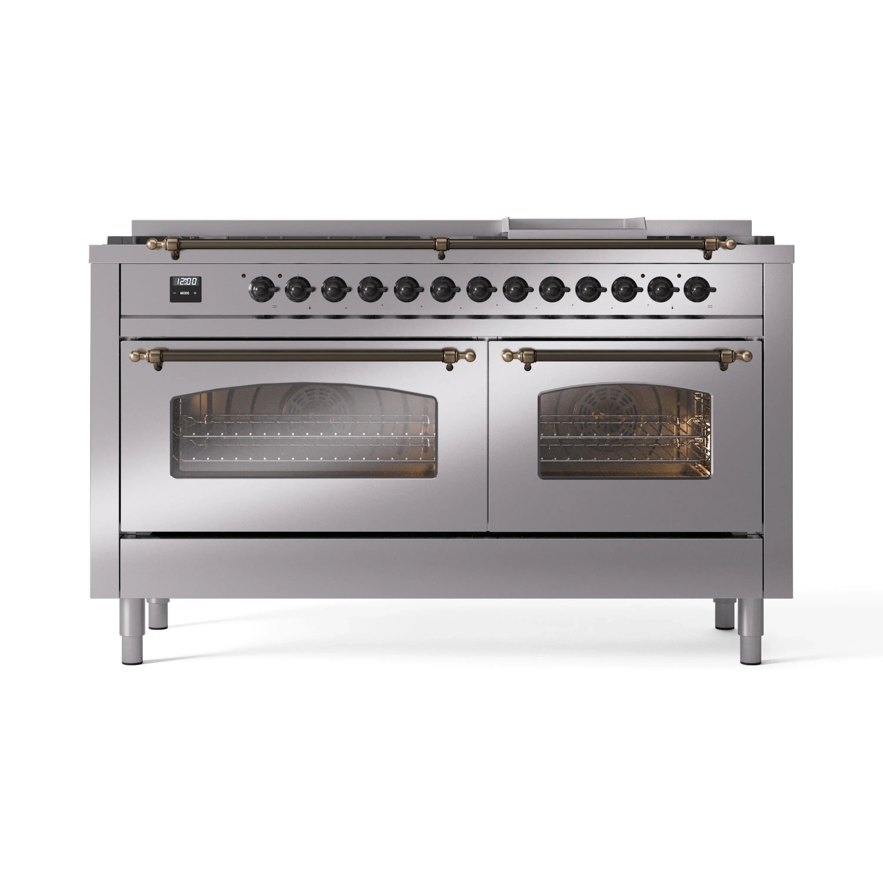 Stainless steel dual-fuel gas range with two glass oven doors and control knobs across top