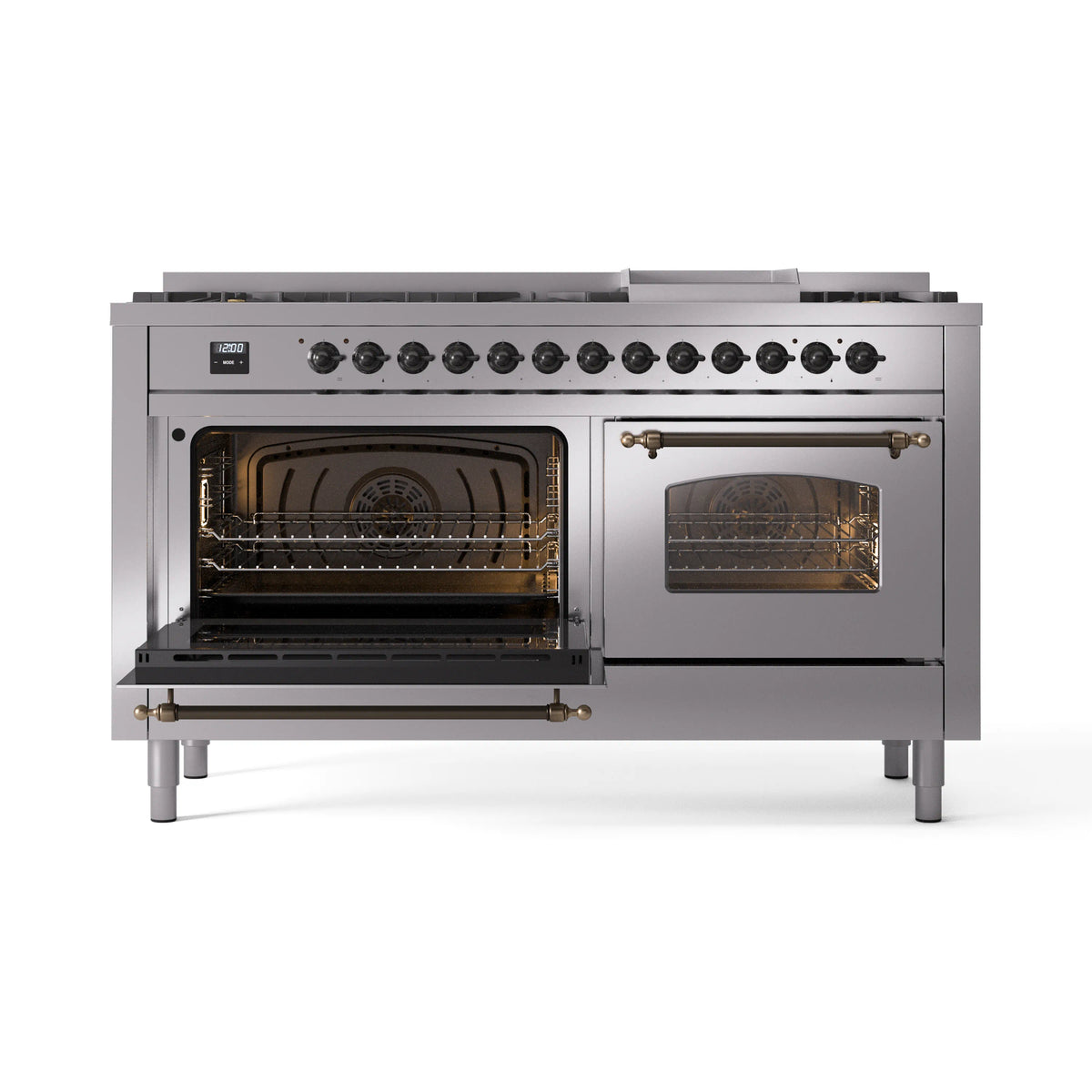 Stainless steel range with left oven open and right oven door closed