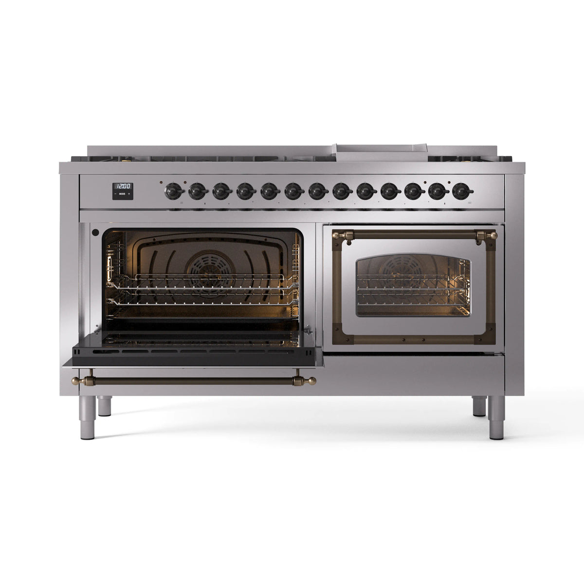 Dual fuel range with both oven interiors visible through open doors