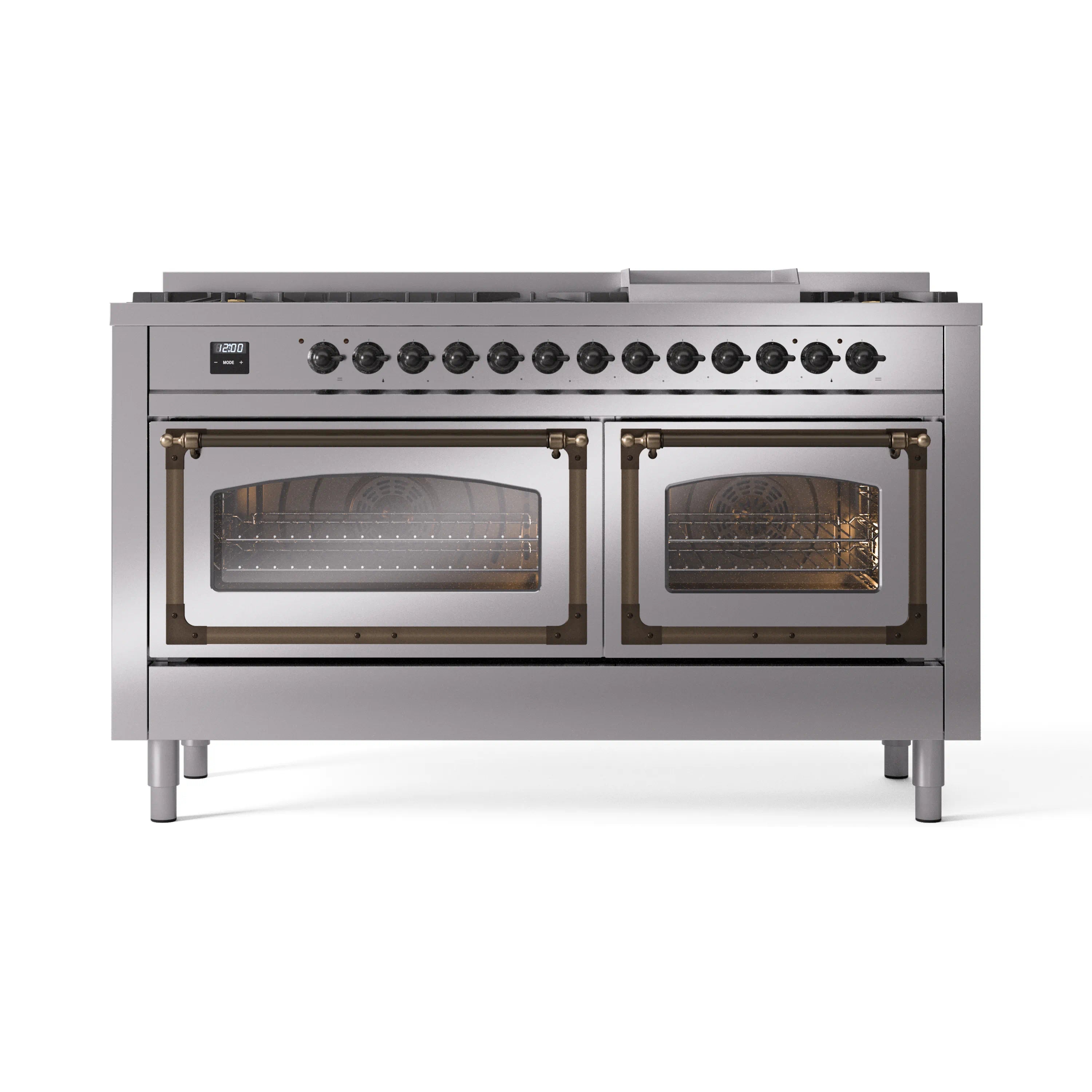 Stainless steel dual fuel range with two glass-front ovens and control knobs