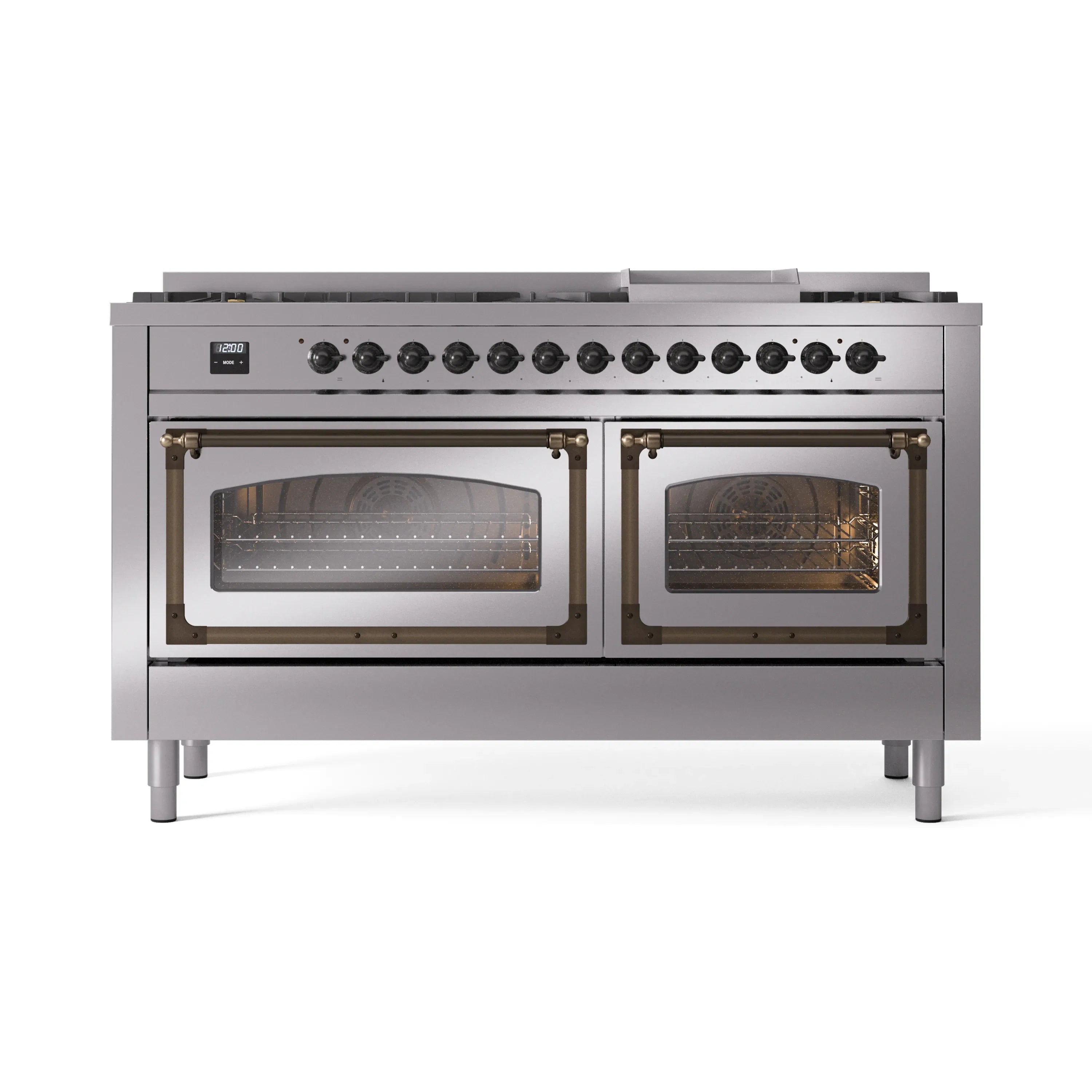 ILVE 60-inch dual fuel range with stainless cooktop control knobs and bronze-trim double oven windows