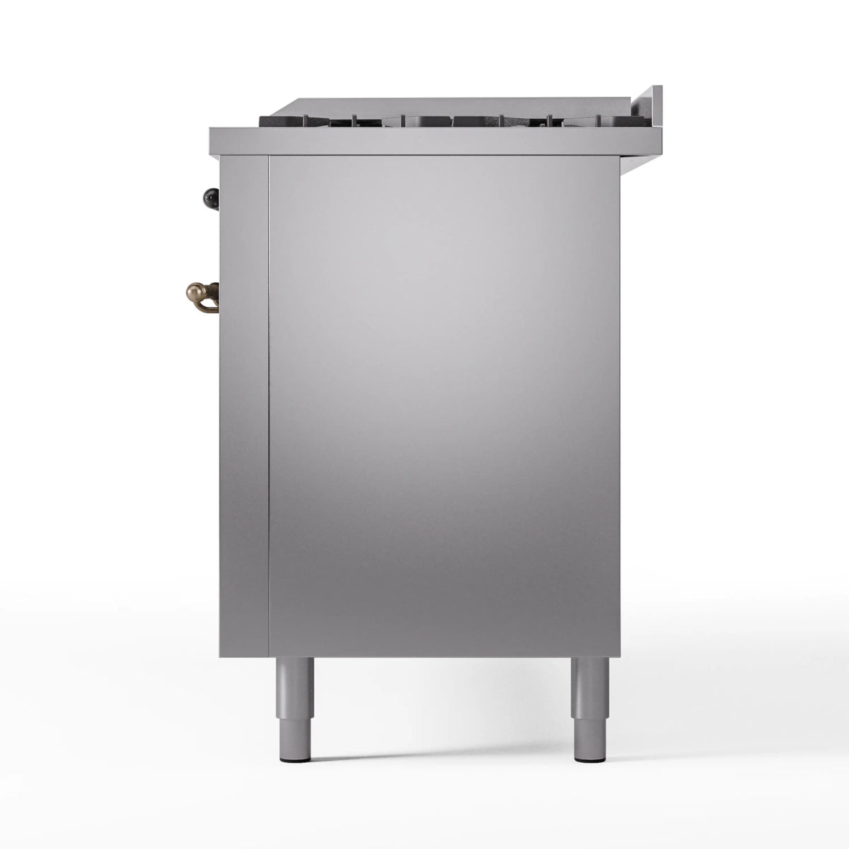 Stainless steel dual-fuel range side panel with bronze hardware and support legs