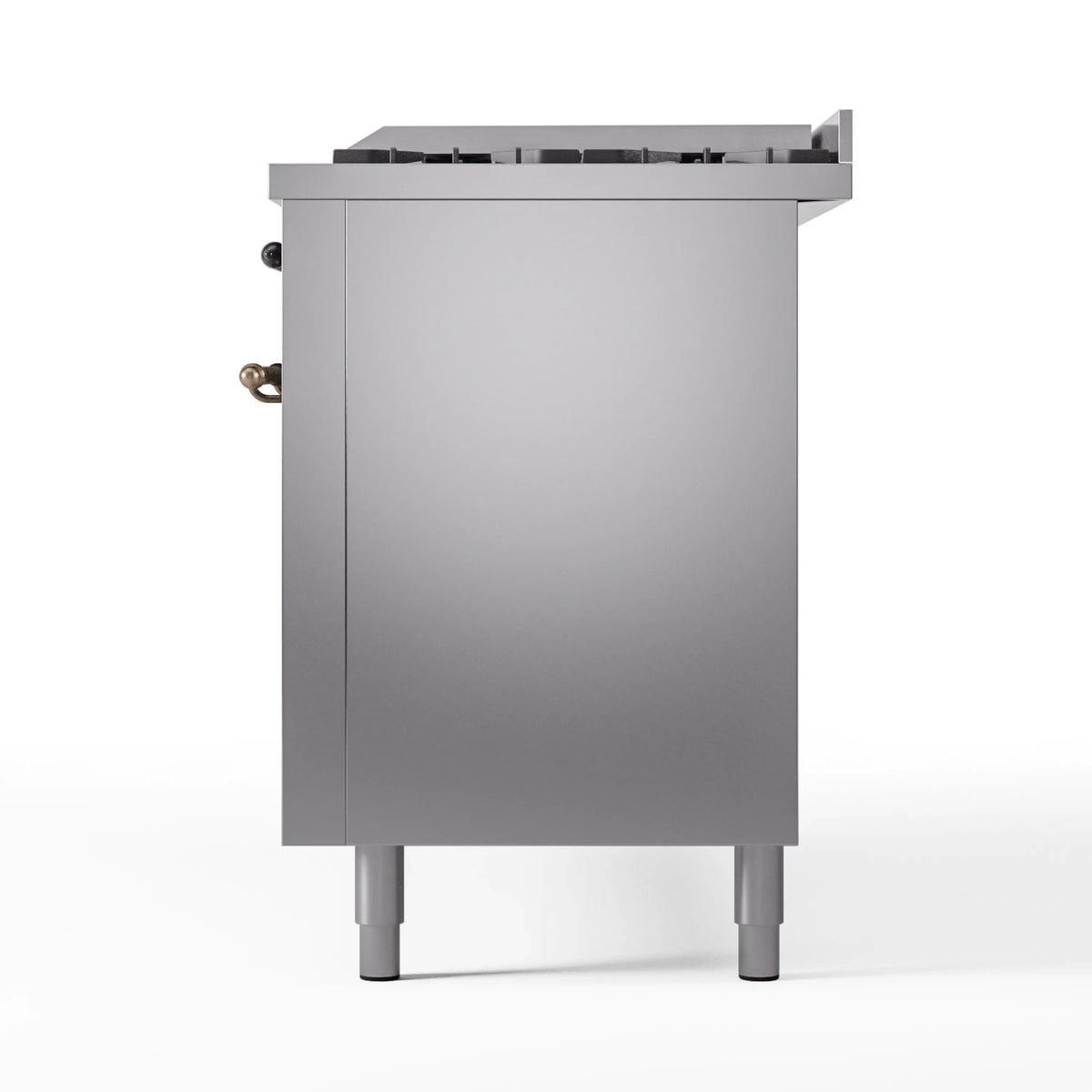 Stainless steel range body with bronze knob accents and front cabinet legs