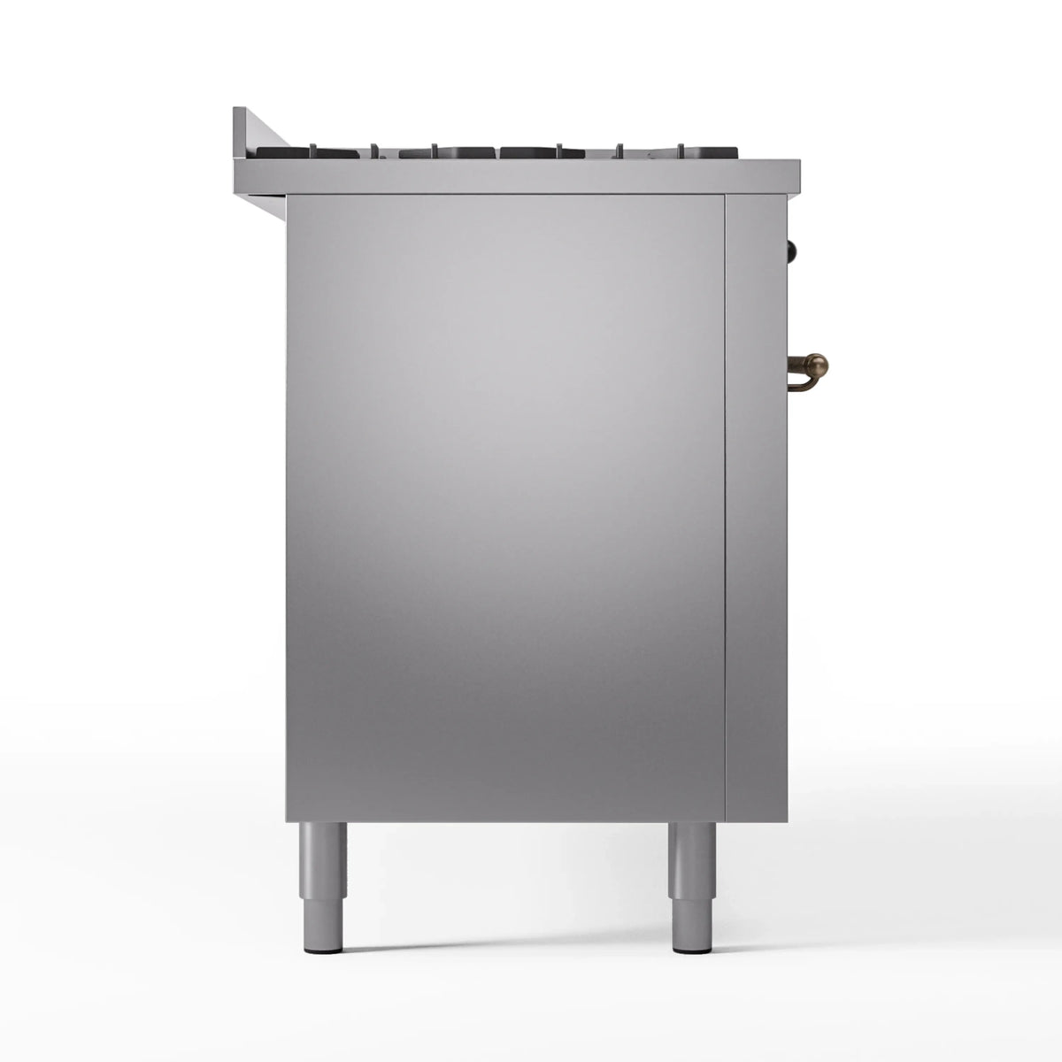 Stainless steel dual fuel range with bronze handle, four legs, and top burner grates