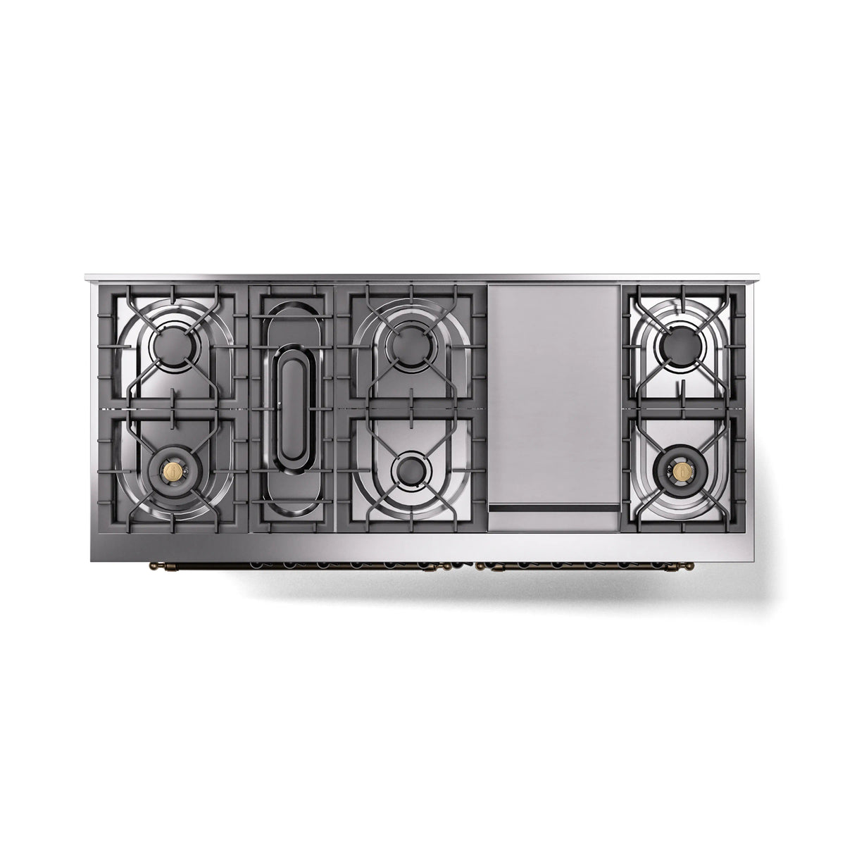 Bottom view of stainless steel gas range showing burner grate openings and internal layout
