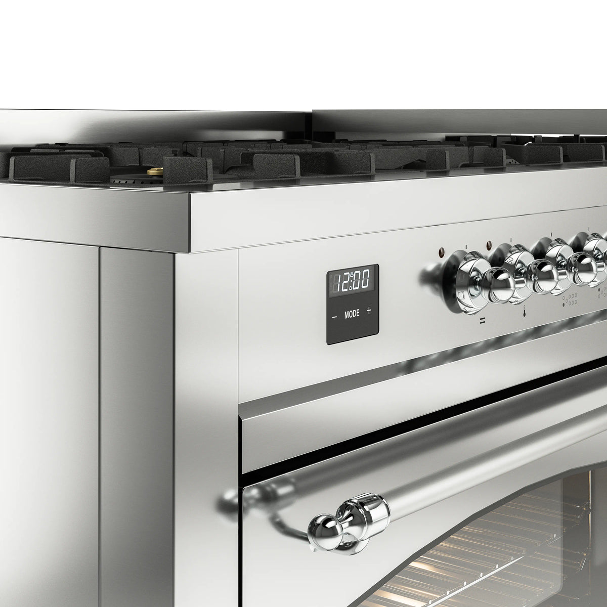 Stainless steel range control panel with digital display and chrome knobs above the oven door