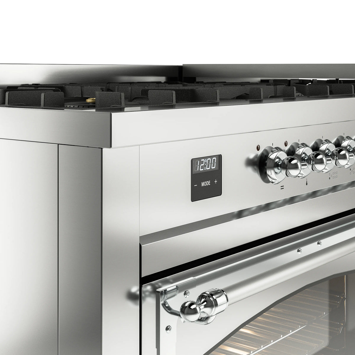 Stainless steel range control panel with digital display and front burner knobs