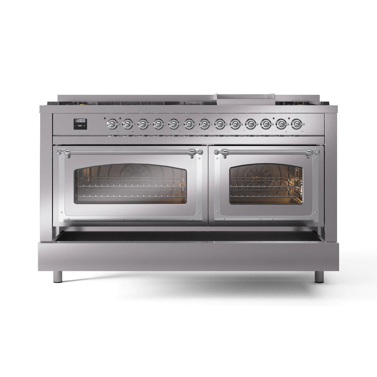 Stainless steel dual fuel range with triple glass door ovens and chrome trim