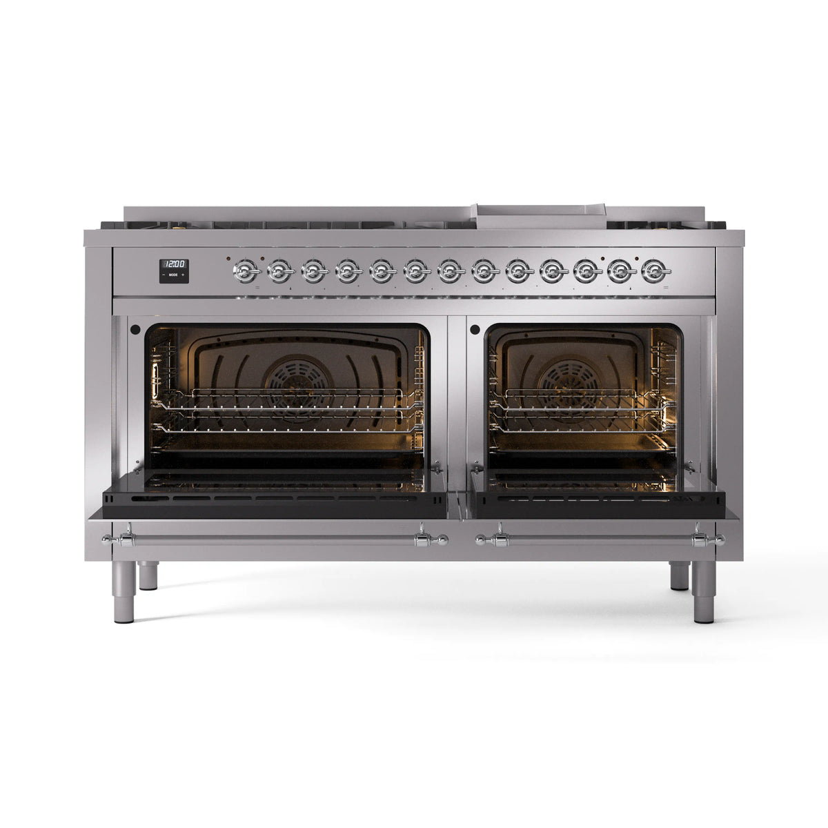 Stainless steel range with both oven doors open, showing lit oven interiors