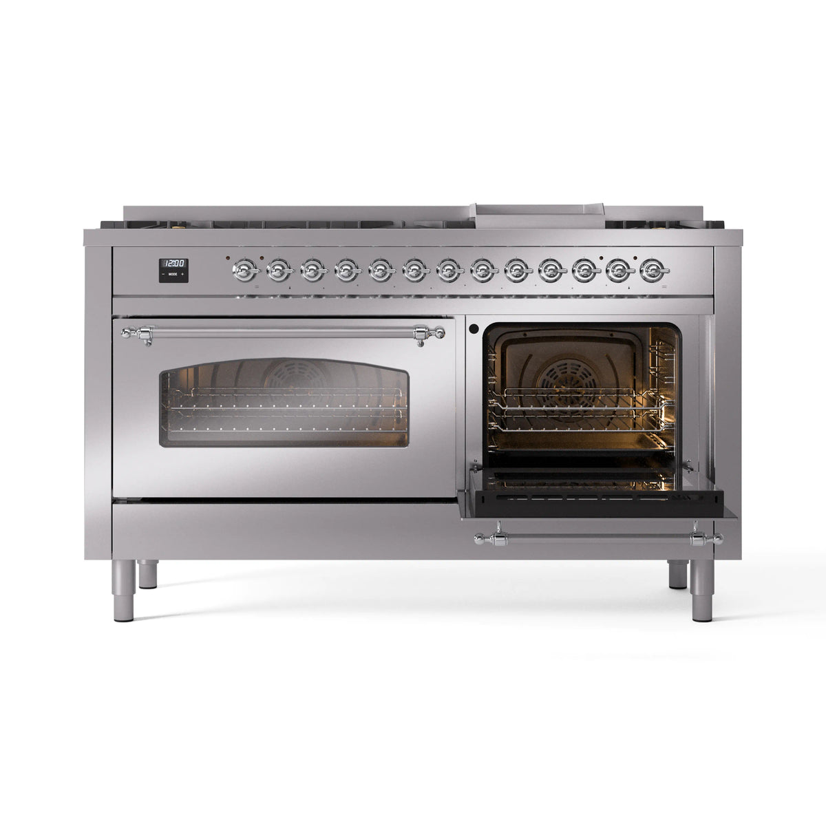 Stainless steel range with two oven doors, one open, showing inner racks and fans