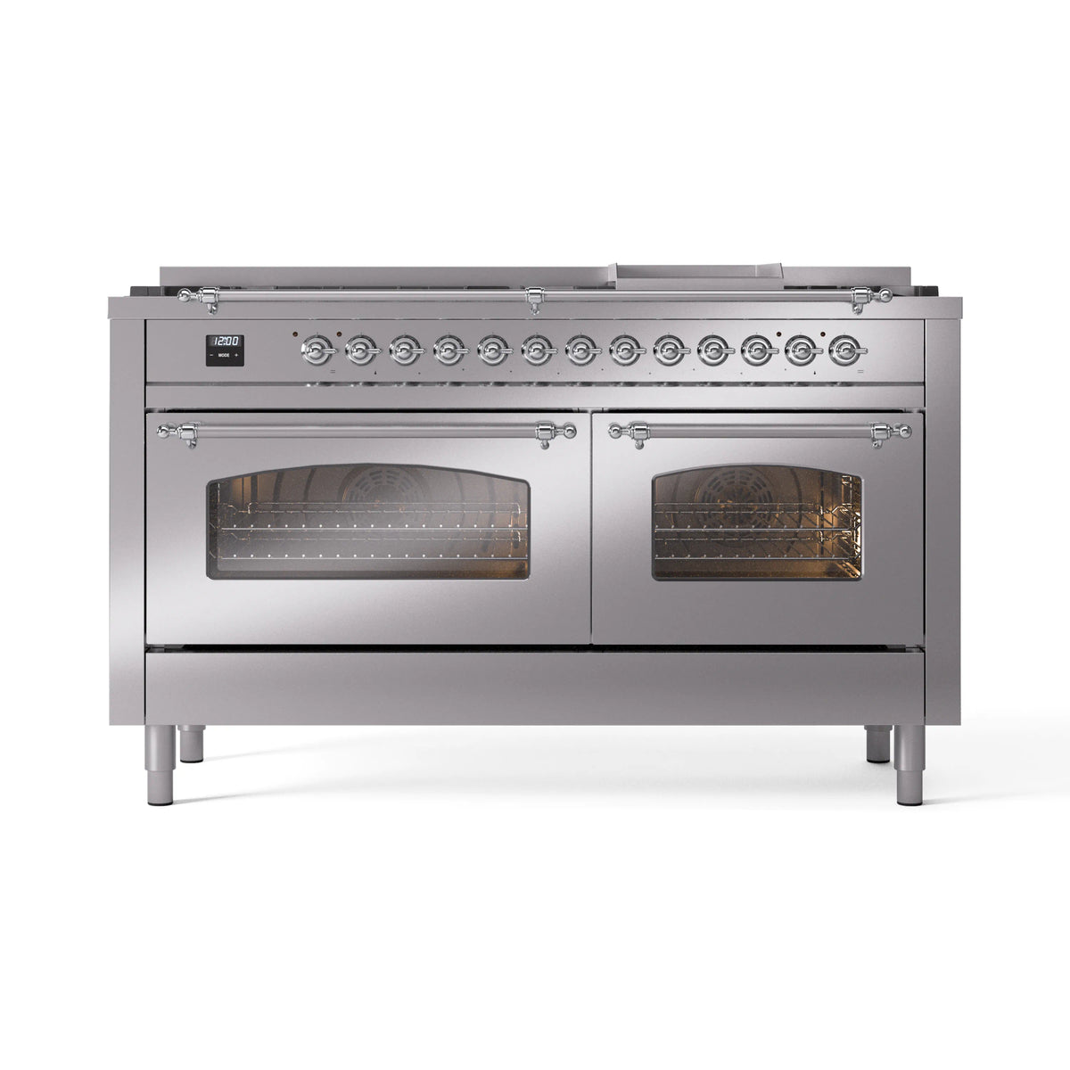 Stainless steel dual fuel range front view with burners and two oven windows