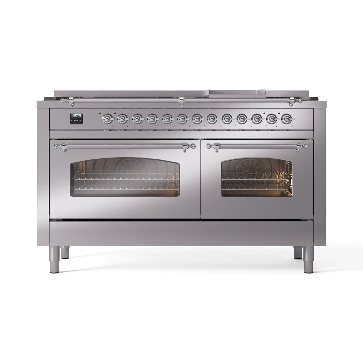Stainless steel range with two closed glass oven doors and chrome-trimmed control bar