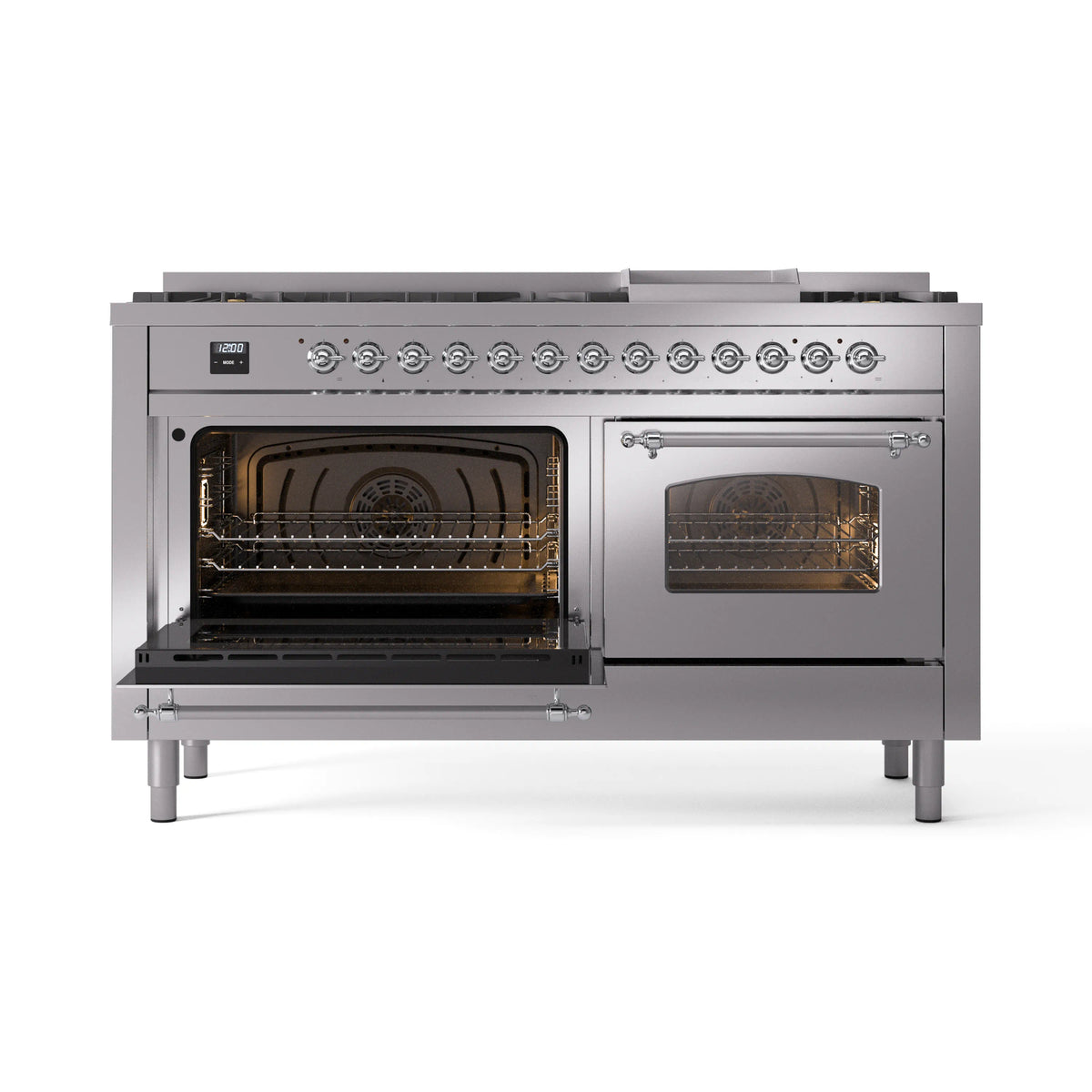 Stainless steel range with oven doors open, showing heated interior racks and burners