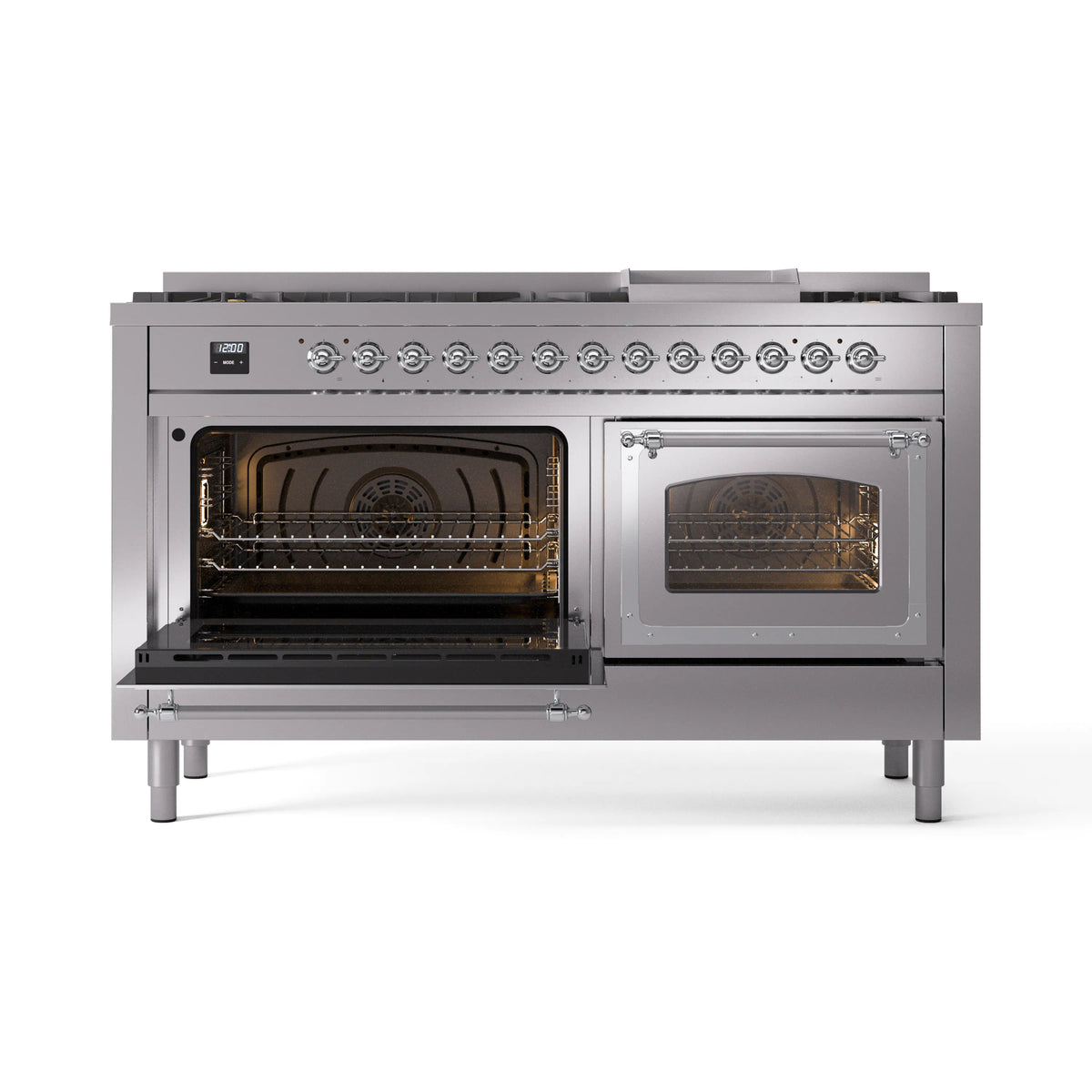Stainless steel dual fuel range with both oven doors open and interior racks visible