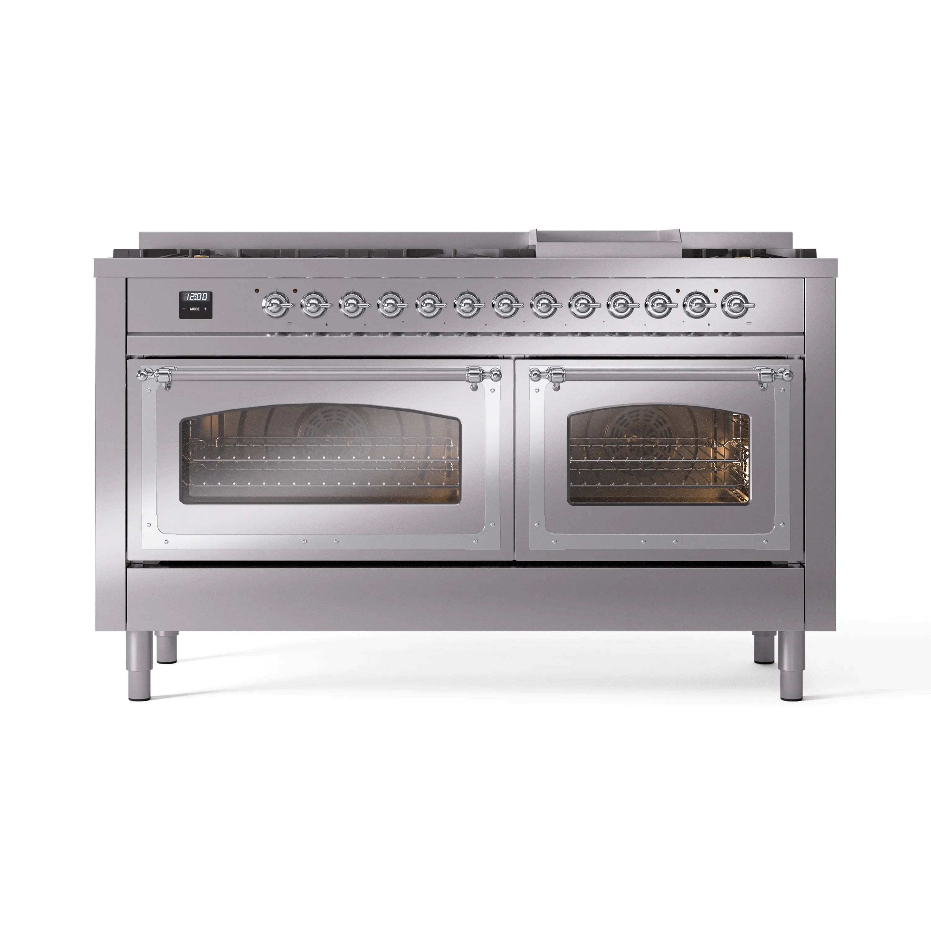 Stainless steel dual fuel range with two glass oven doors and front control panel