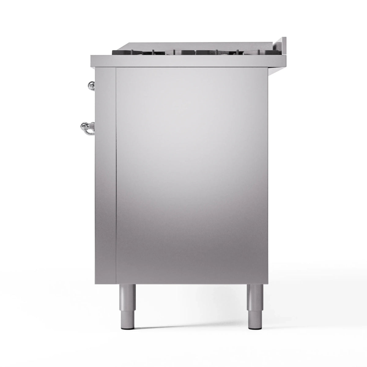 Stainless steel rear side of dual fuel range with raised rear section and legs