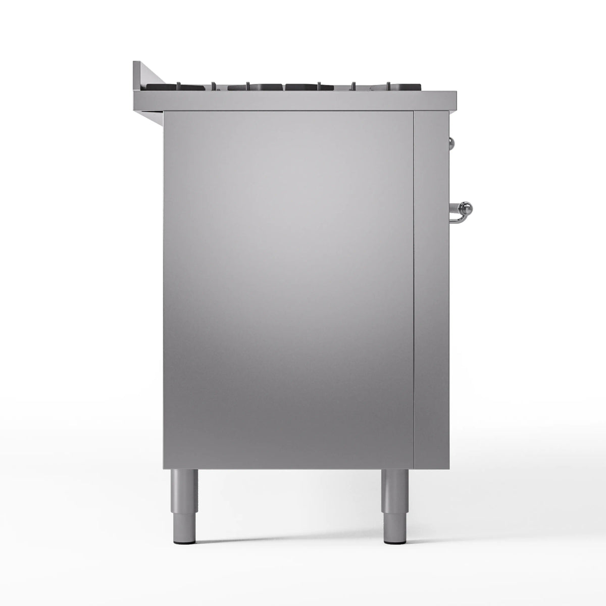 Stainless steel oven range back view with top burner grate and support legs