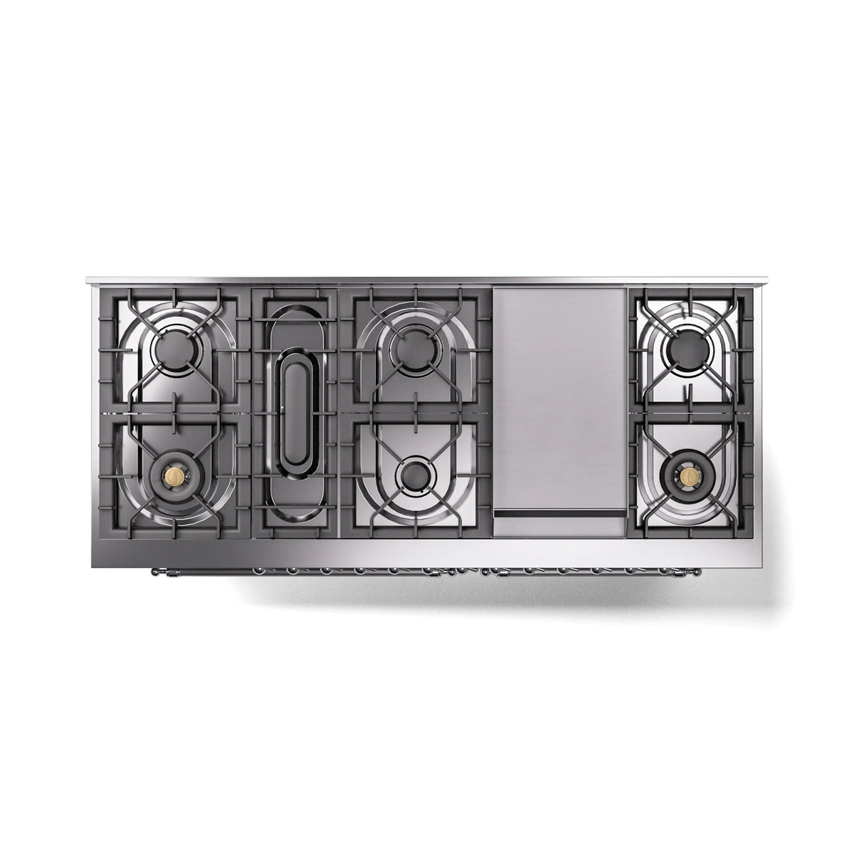 Gas range underside view showing burner grates, manifold, and open cooktop structure