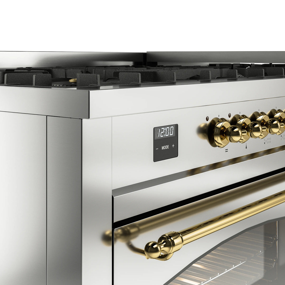 Stainless steel range control panel with digital display and brass burner knobs