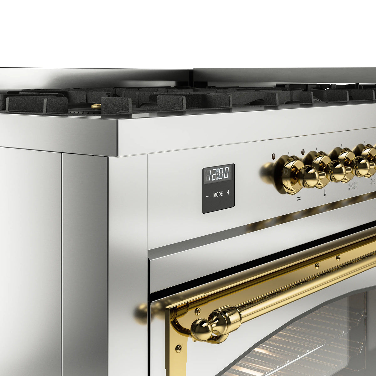 Stainless steel dual fuel range with brass knobs and digital clock display