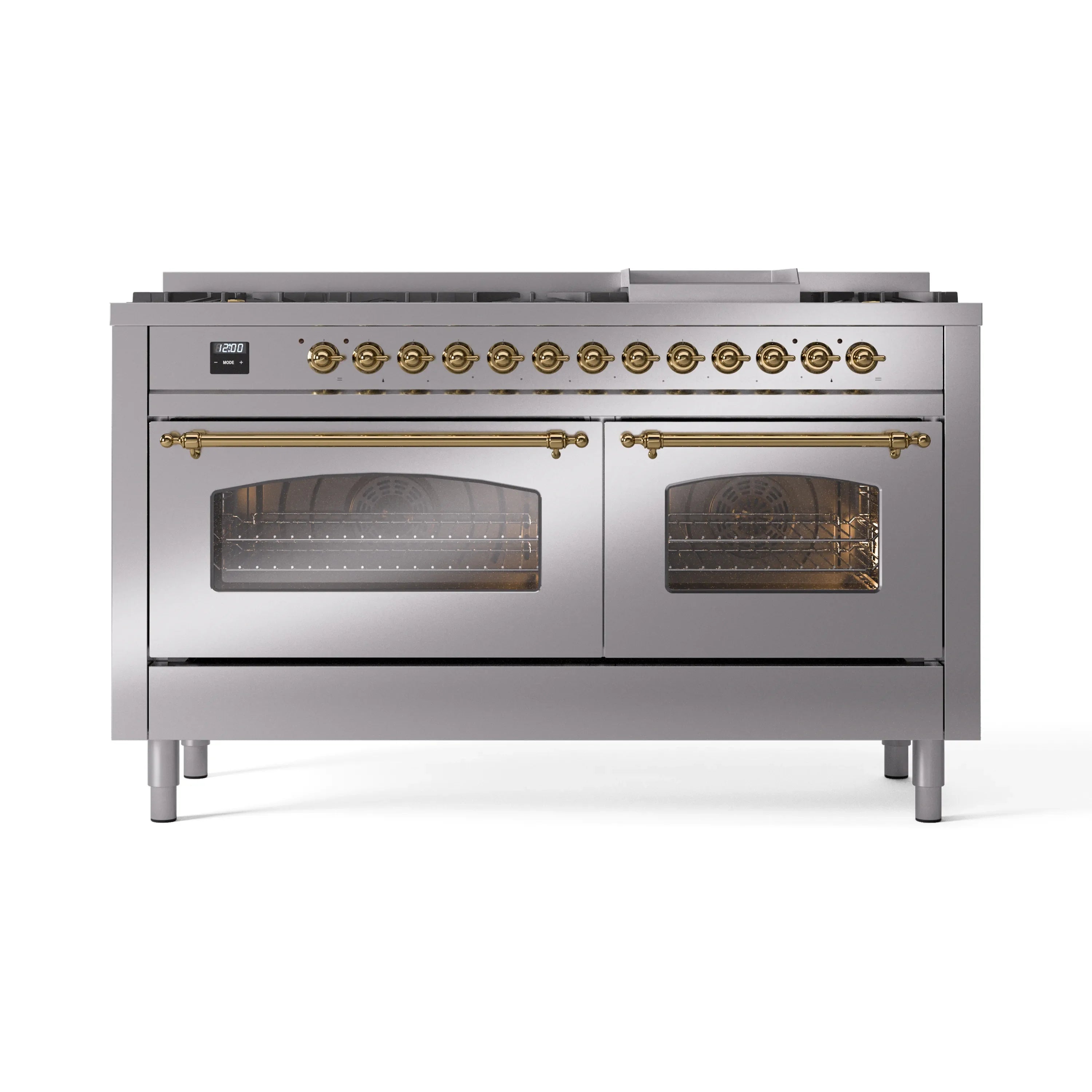 Stainless steel dual-fuel range with brass trim, dual glass ovens and gas burner knobs