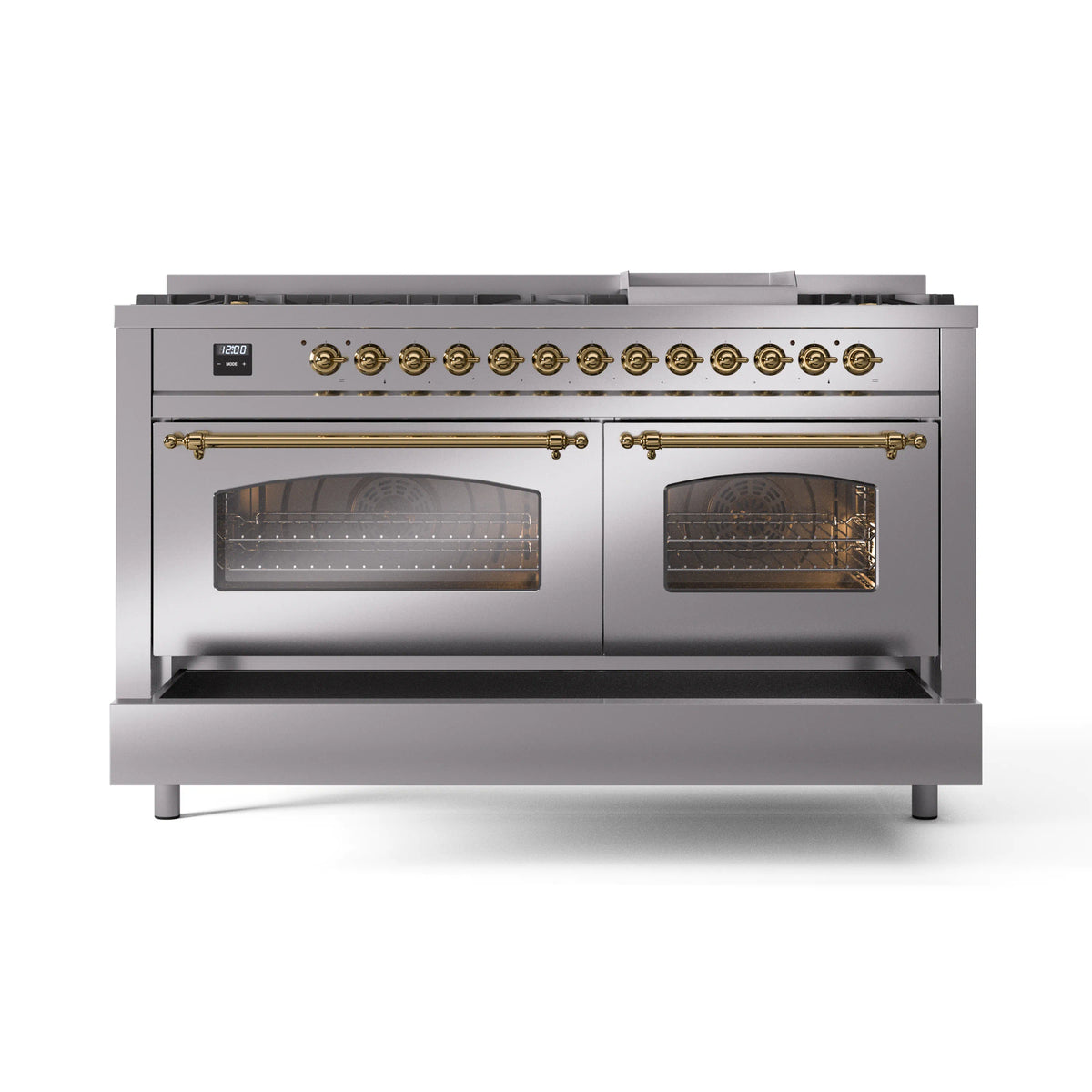 Stainless steel dual fuel range front view with two oven doors and brass controls