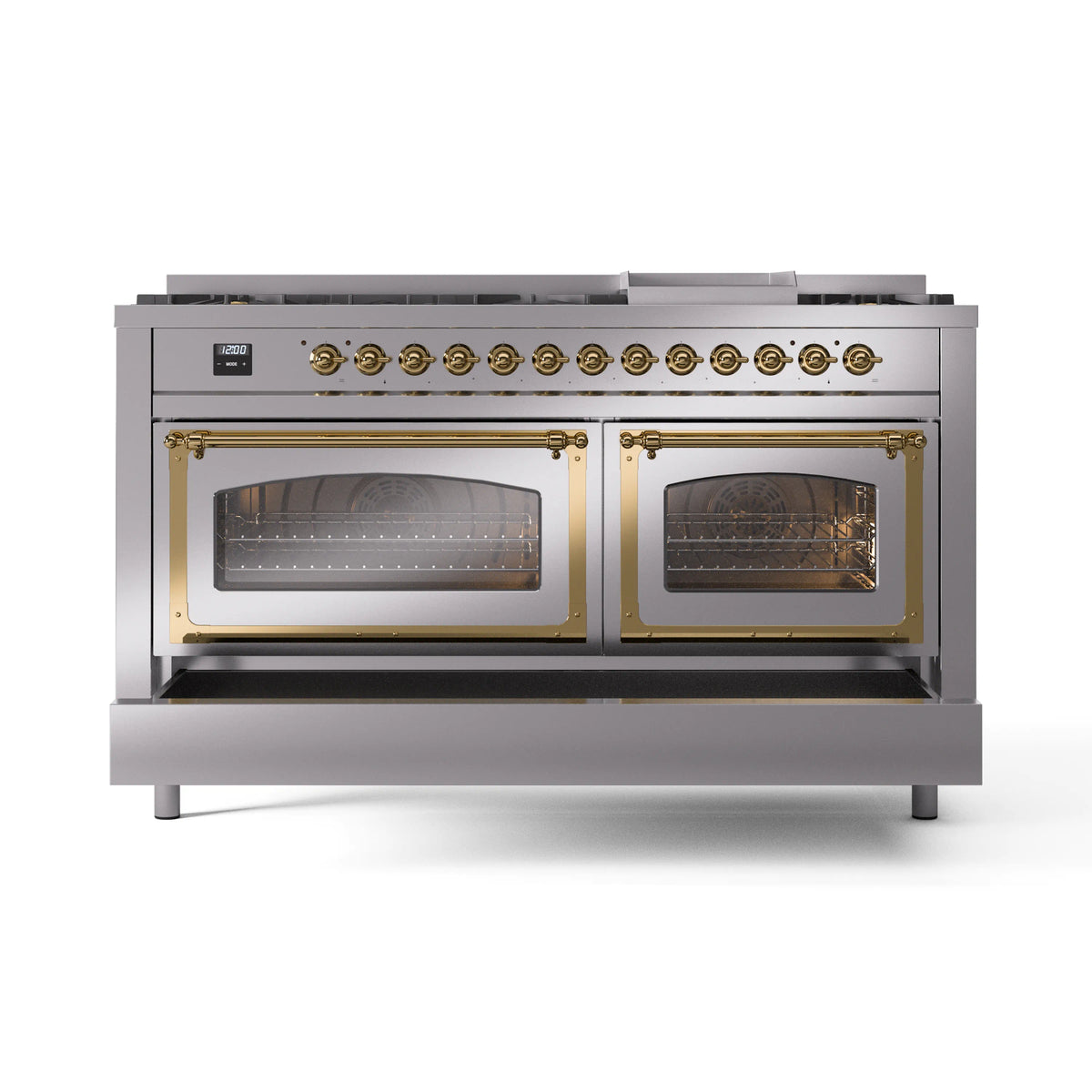 Stainless steel range with two glass oven doors and brass-trim viewing windows