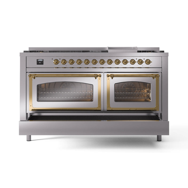 ILVE 60-Inch Nostalgie II Noblesse Dual Fuel Range with 9 Sealed Burners, Griddle, Triple Glass Door Oven in Stainless Steel with Brass Trim (UN60FNMPSSG)