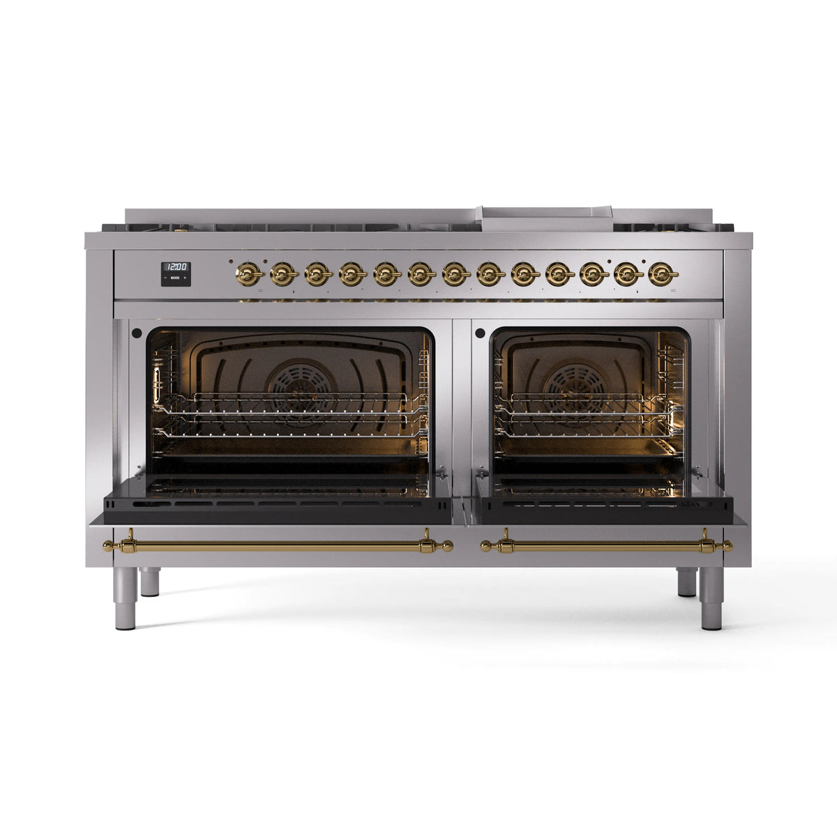 Stainless steel dual fuel range with both oven doors open, showing racks inside