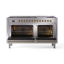 ILVE 60-Inch Nostalgie II Propane Gas Dual Fuel Range with 9 Burners, Griddle and Triple Glass Door Oven in Stainless Steel with Brass Trim (UP60FNMPSSGLP)