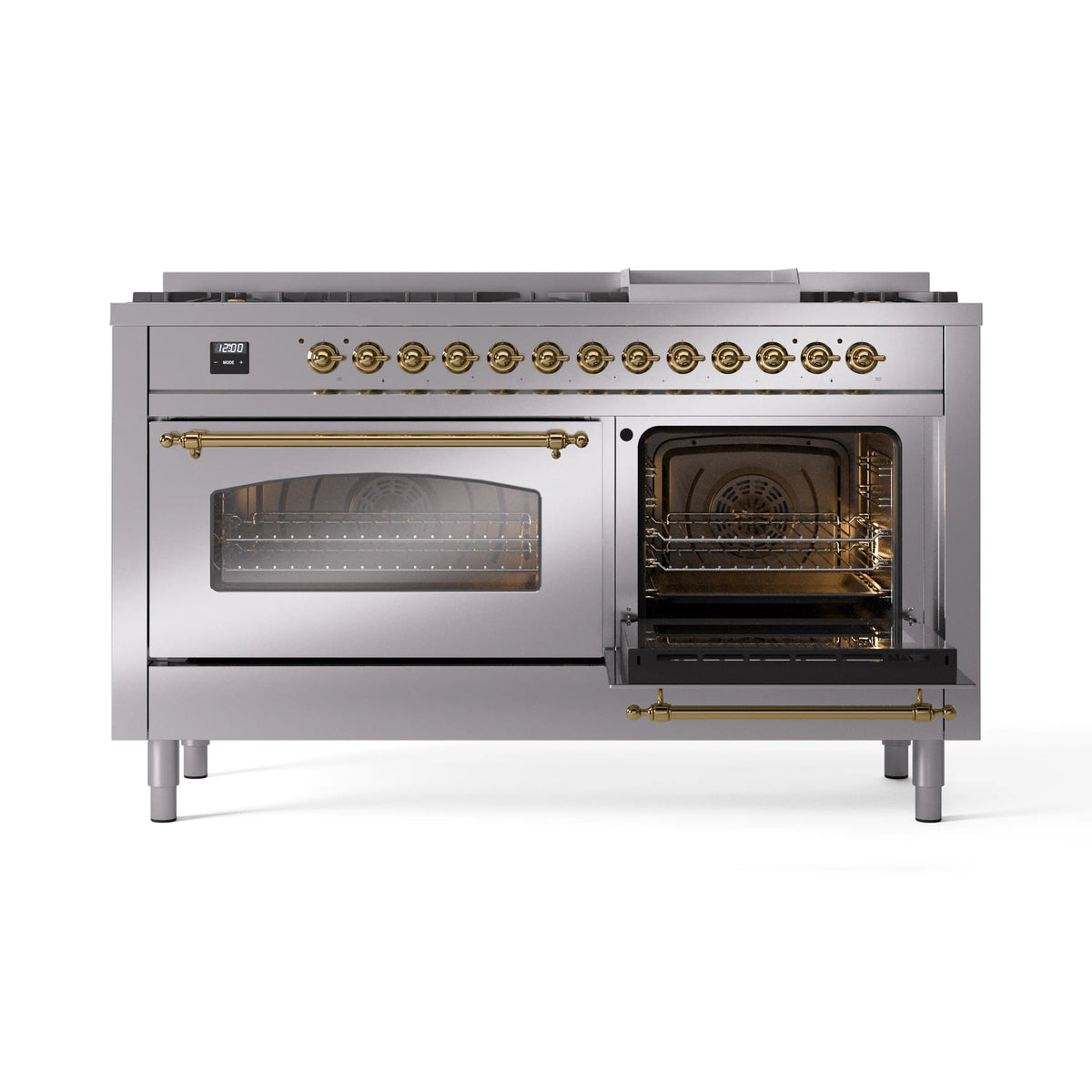 Stainless steel dual fuel range with left oven closed and right oven door open