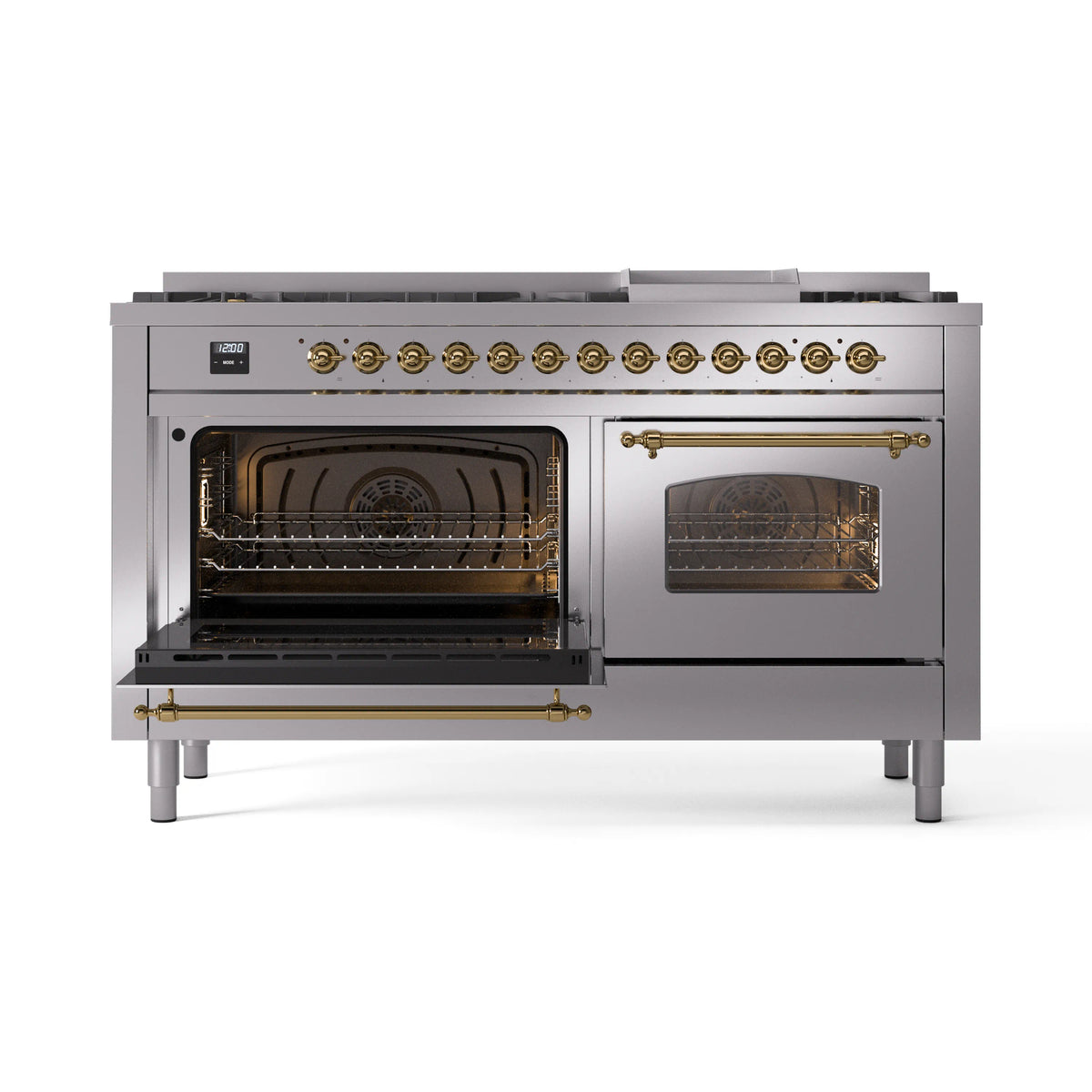 Stainless steel dual-fuel range with brass trim; left oven open, right oven open