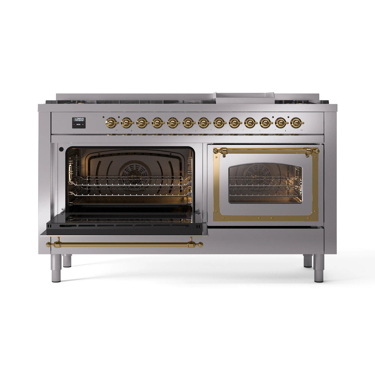 Stainless steel range with both oven doors open, brass trim, and rack interiors